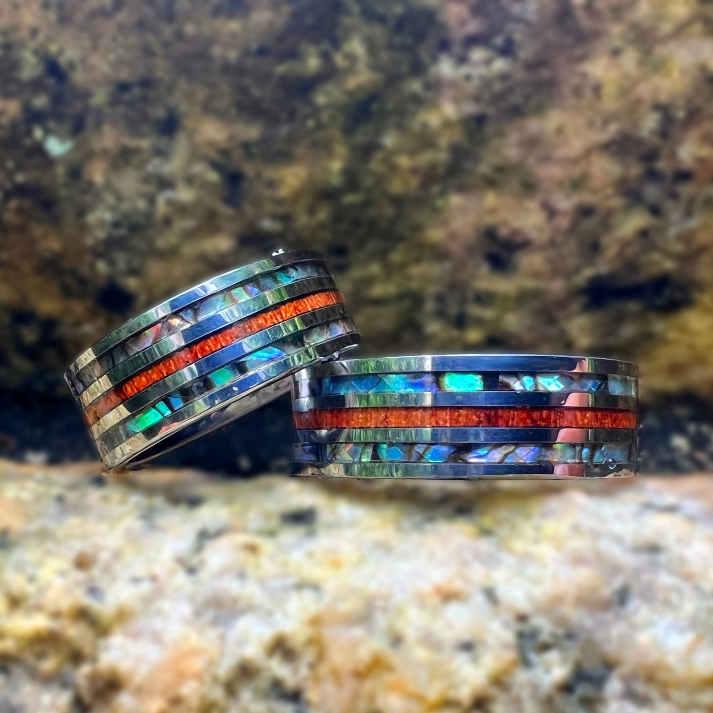 Double Mother of Pearl & Koa Wood Tungsten Ring