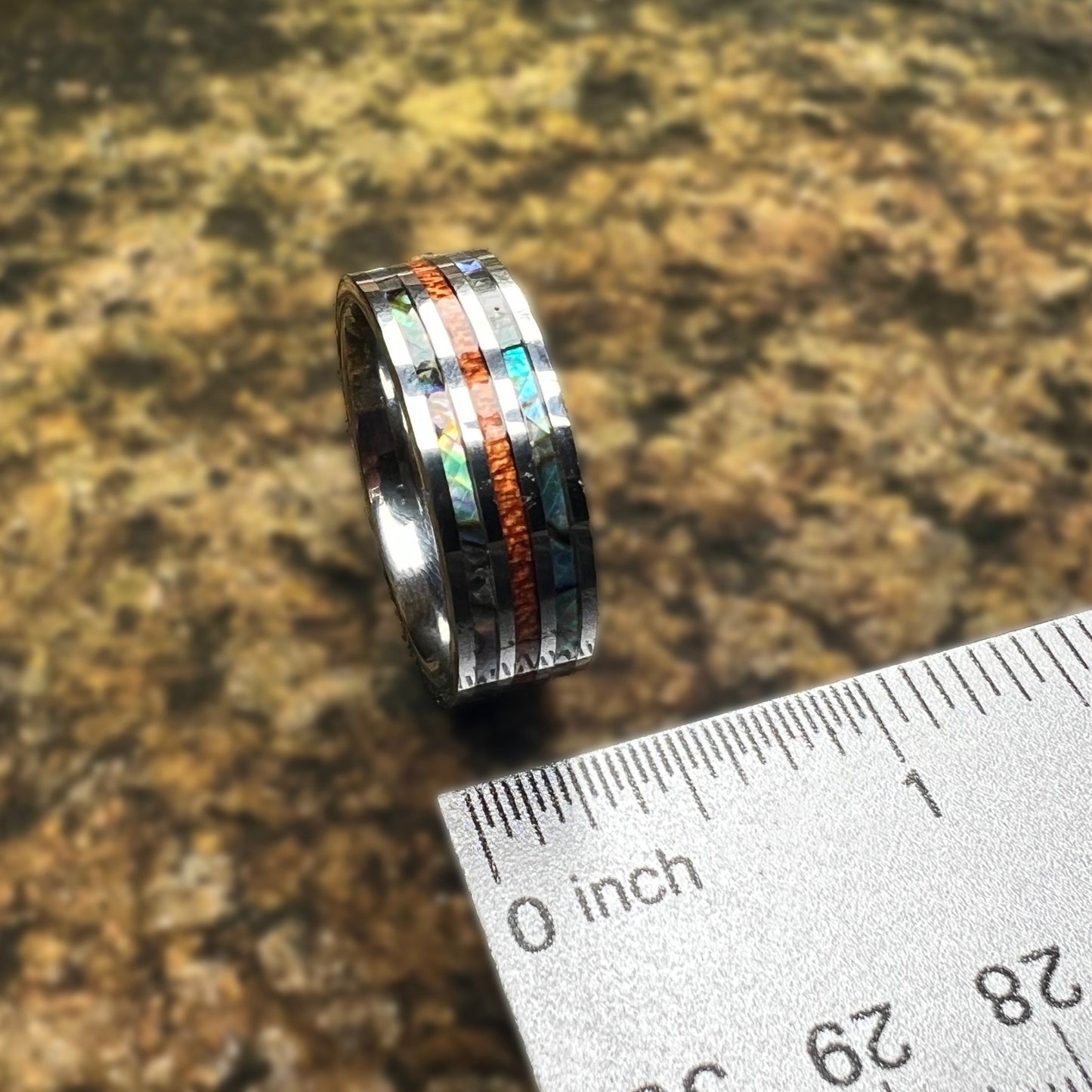 Double Mother of Pearl & Koa Wood Tungsten Ring