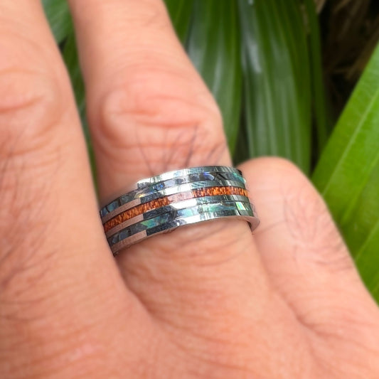 Double Mother of Pearl & Koa Wood Tungsten Ring