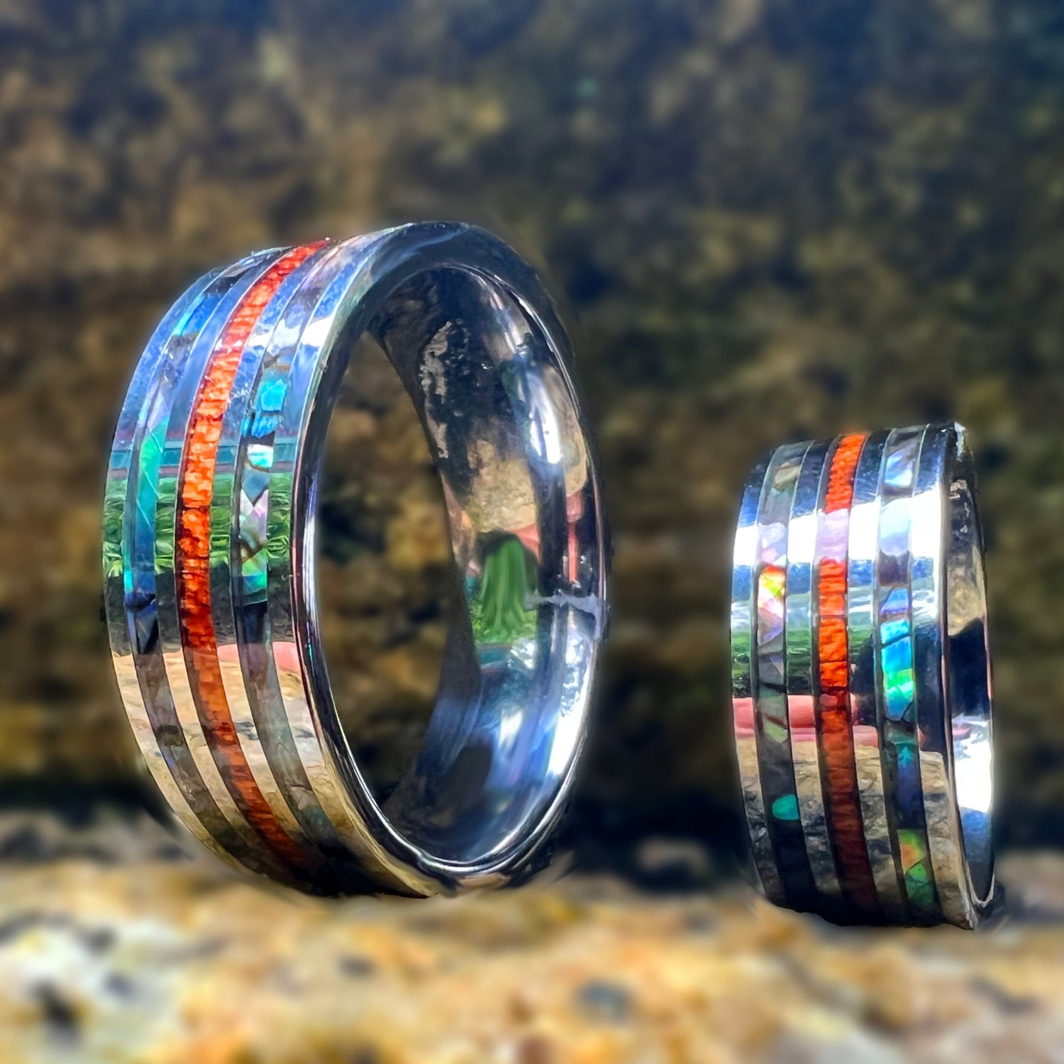 Double Mother of Pearl & Koa Wood Tungsten Ring