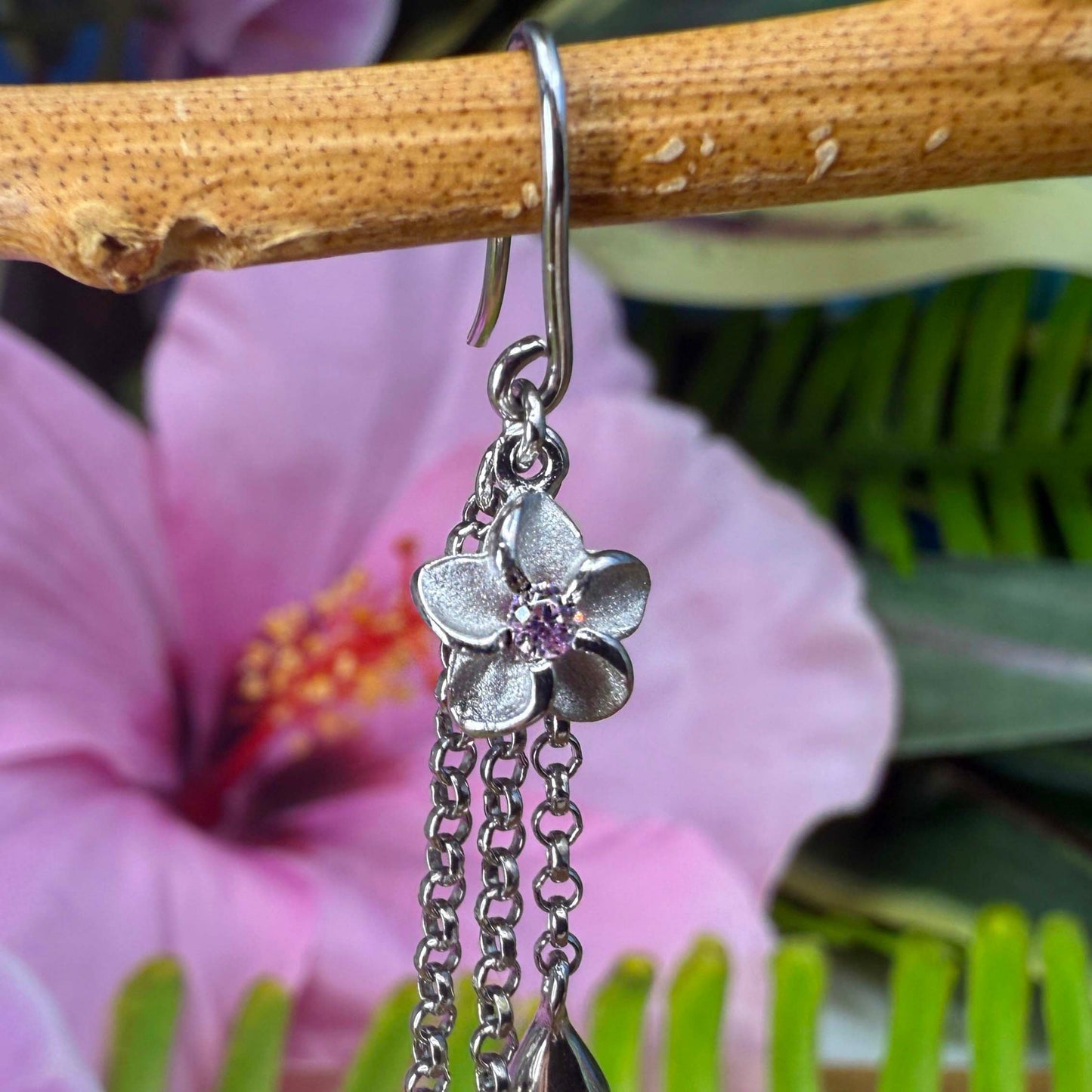 Hawaiian Scroll Plumeria CZ Ekolu Dangle Earrings