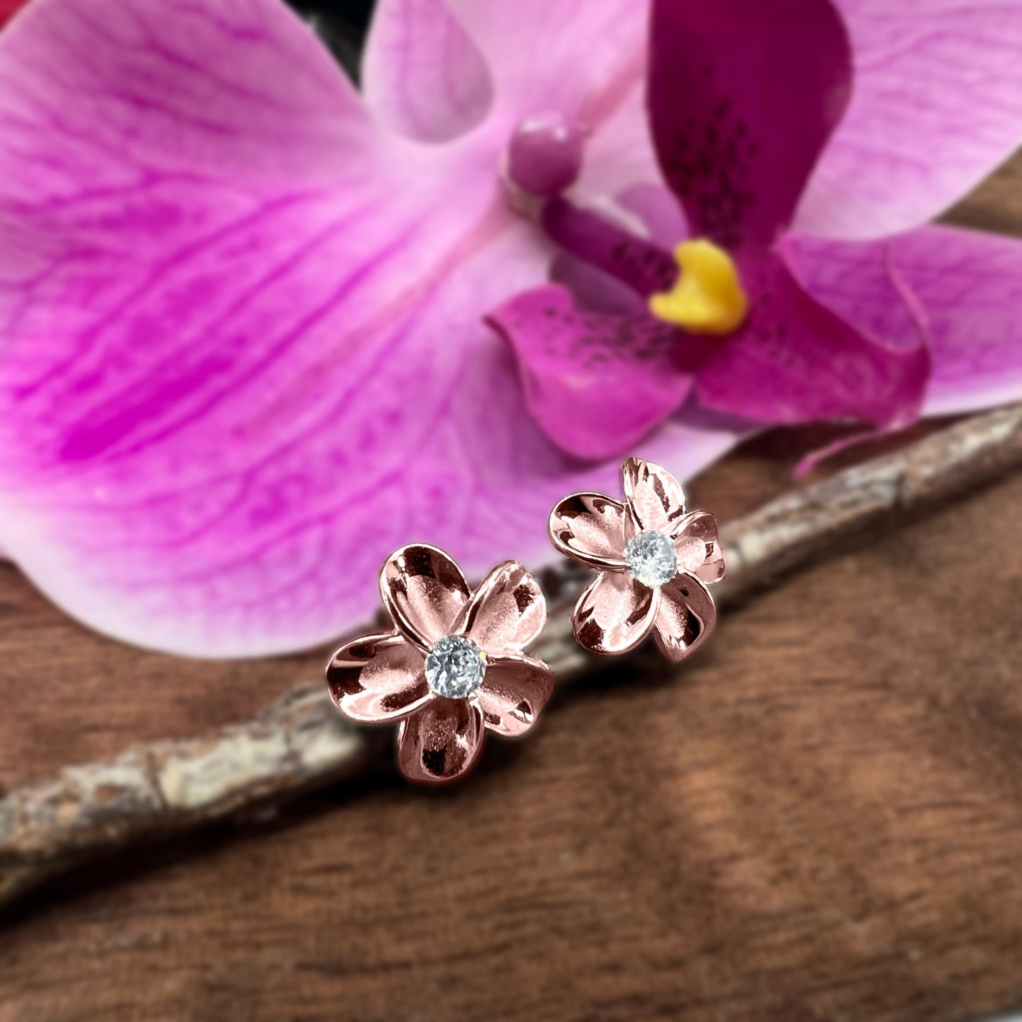 Plumeria Cubic Zirconia 12mm Earrings Rose Gold