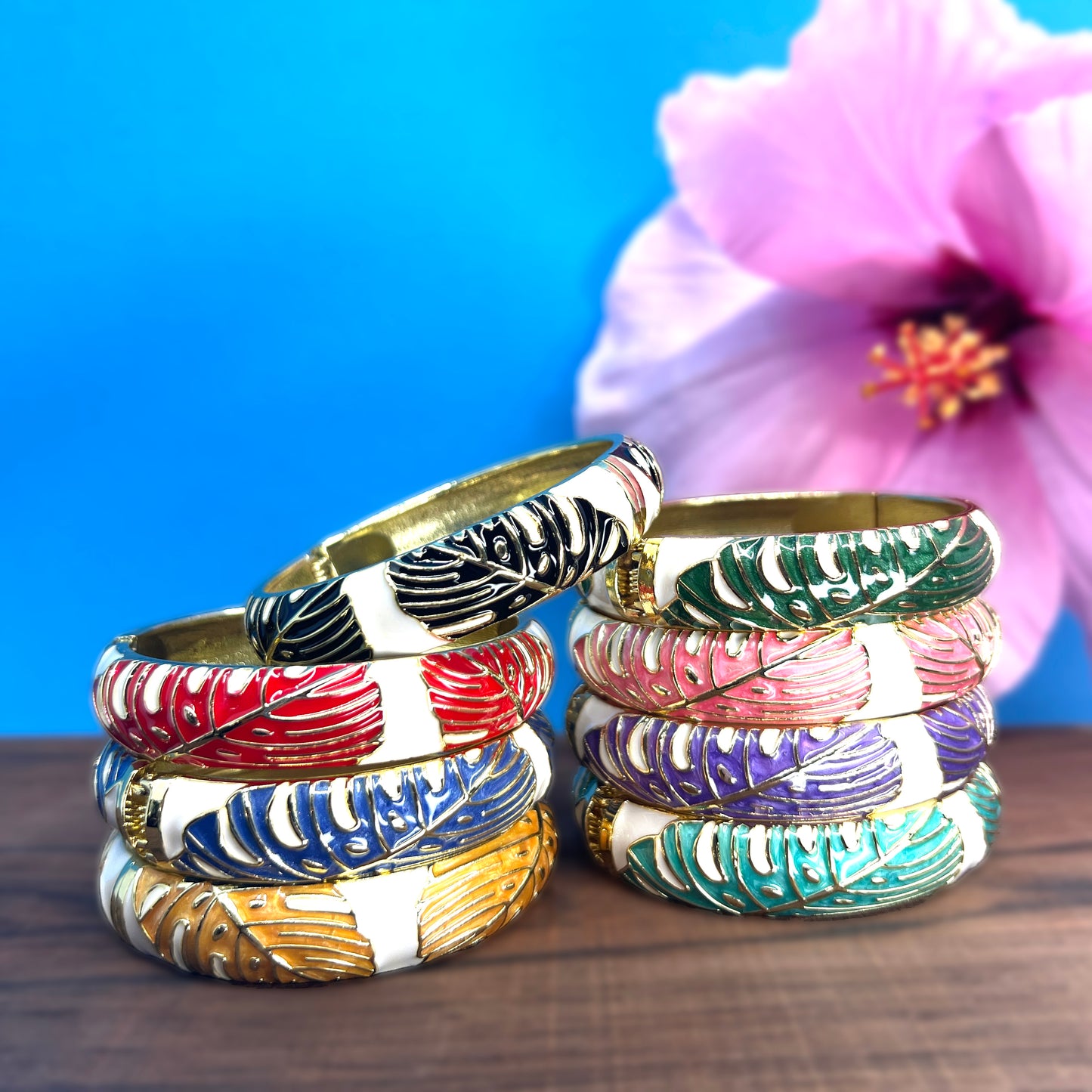 Maika`i Monstera Leaf Enameled Bangle (Set of 3)