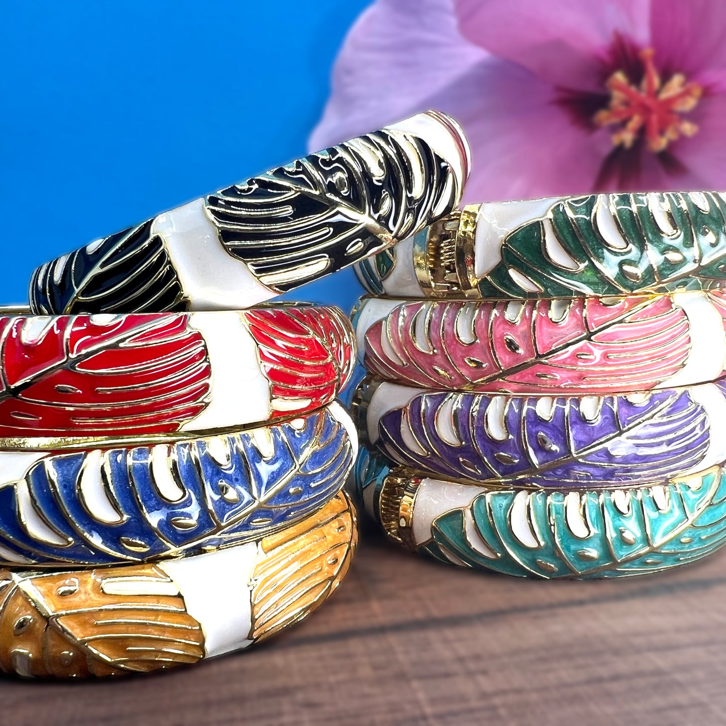 Maika`i Monstera Leaf Enameled Bangle (Set of 3)