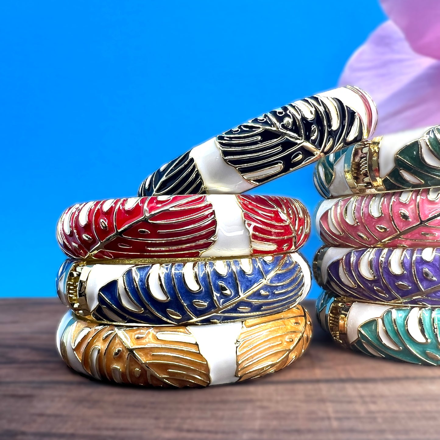 Maika`i Monstera Leaf Enameled Bangle (Set of 3)