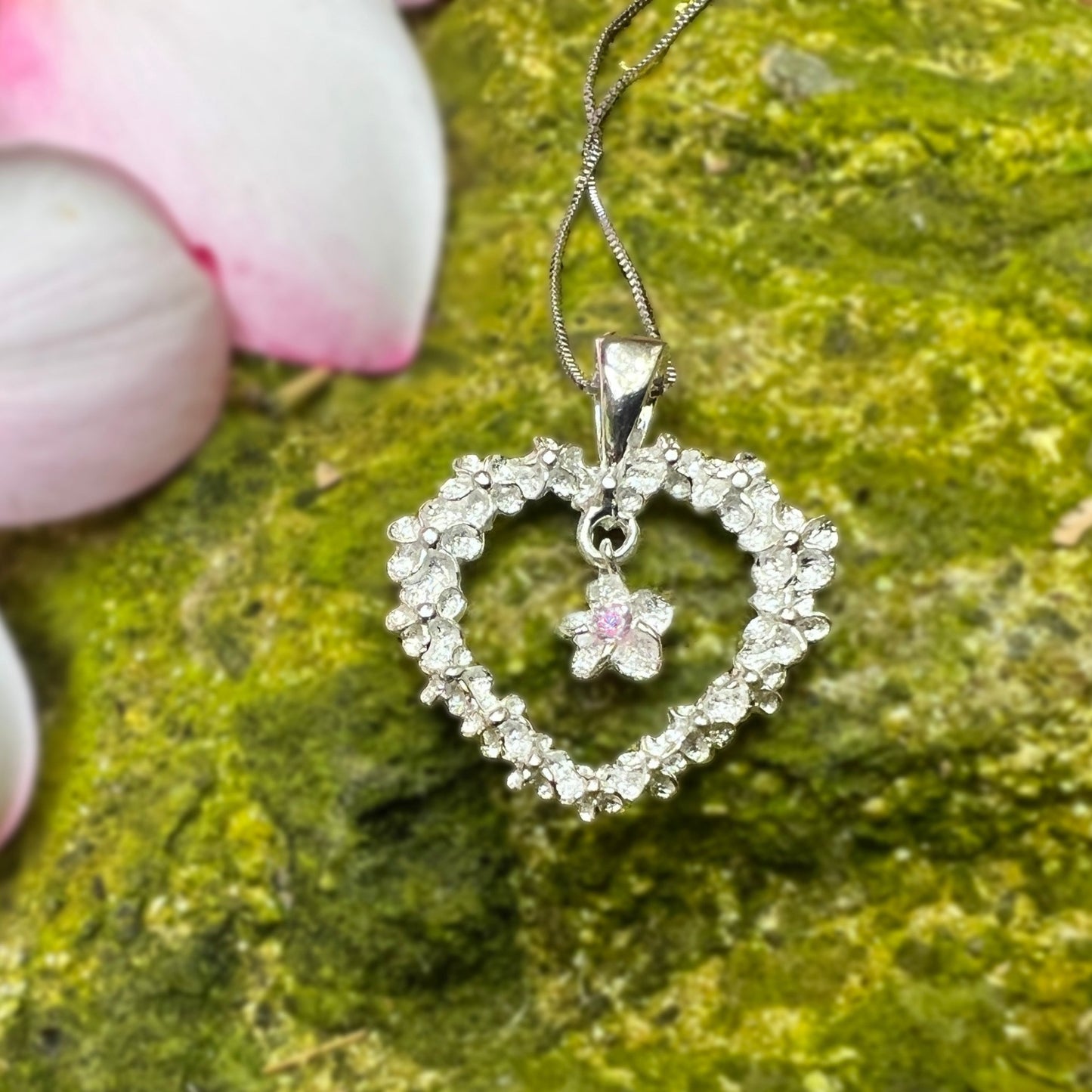 Flower Lei Heart Pendant w/Pink CZ Plumeria Flower