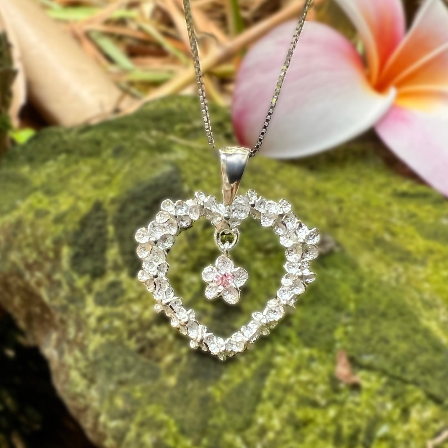 Flower Lei Heart Pendant w/Pink CZ Plumeria Flower