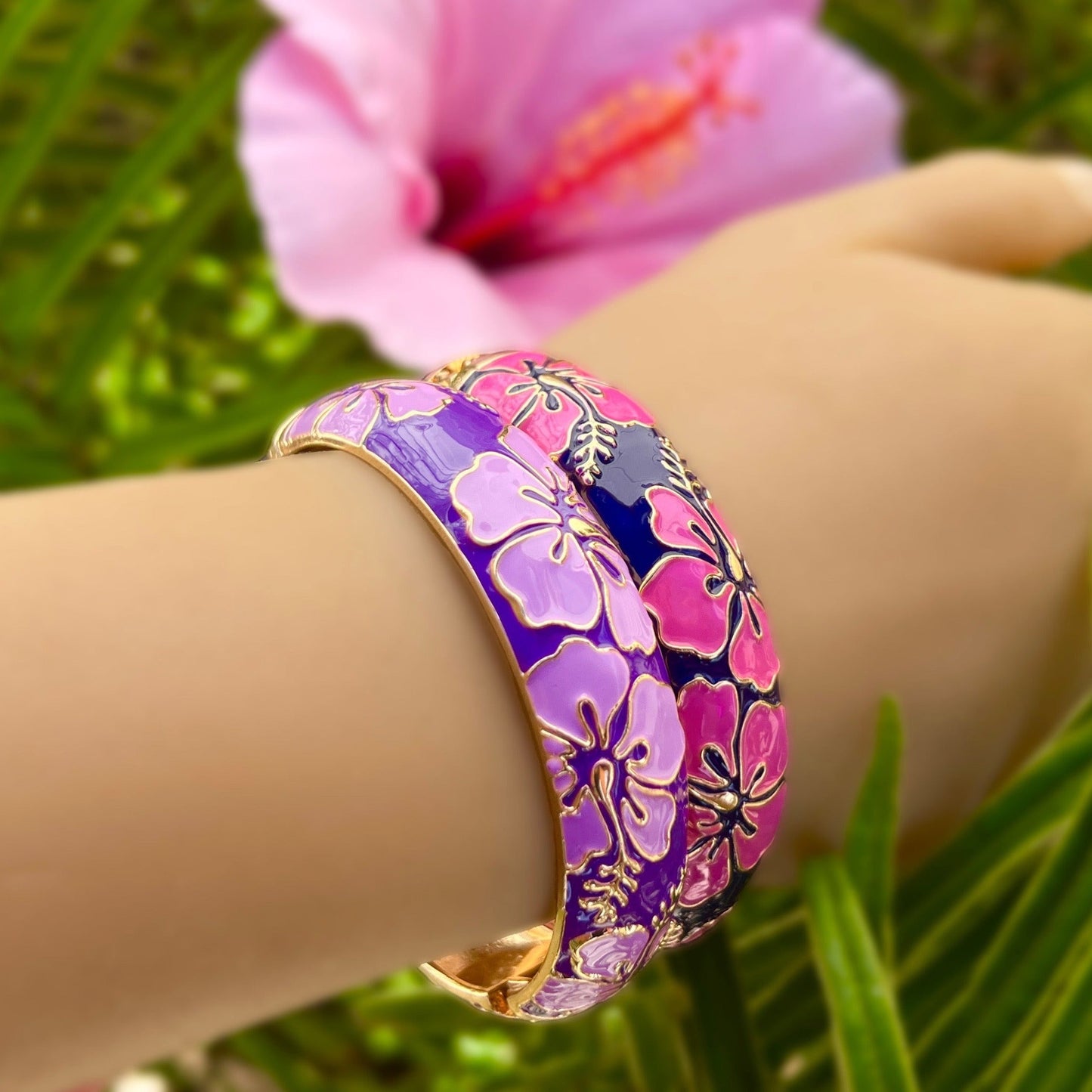 Tropical Colors Puanani Hibiscus Flower Bangle Set of 2
