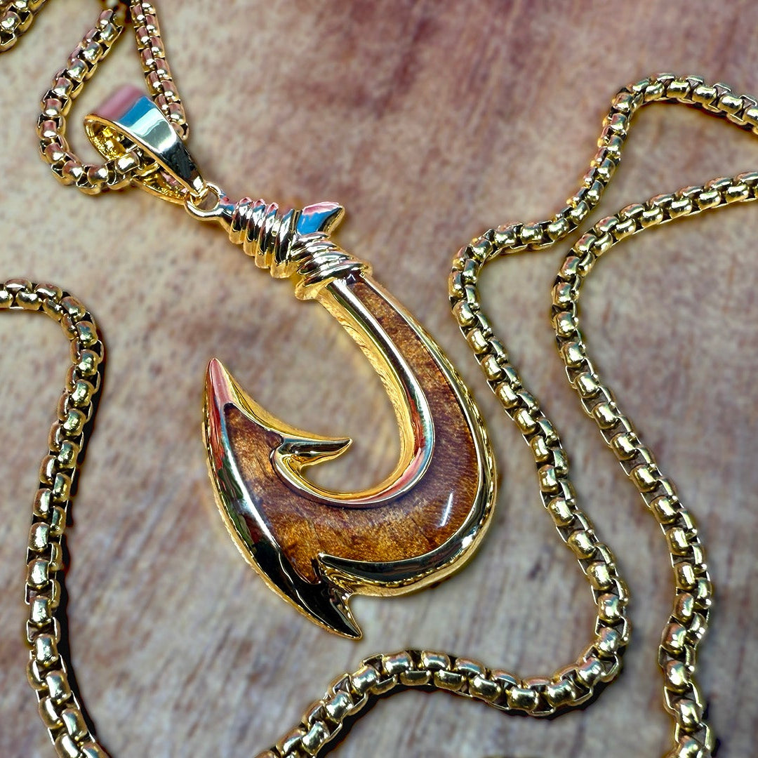 Koa Fish Hook Pendant w/24" Rolo Chain