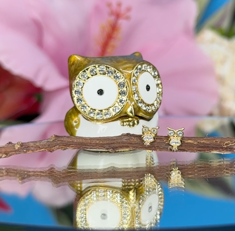 14K Gold Pueo Owl CZ Earrings w/Keepsake
