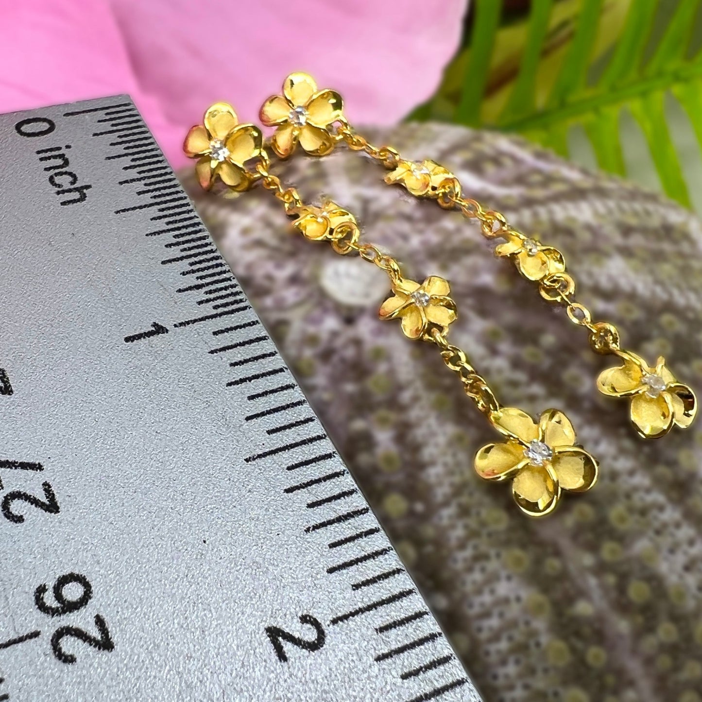Four Plumeria CZ Waterfall Dangle Earrings measurement