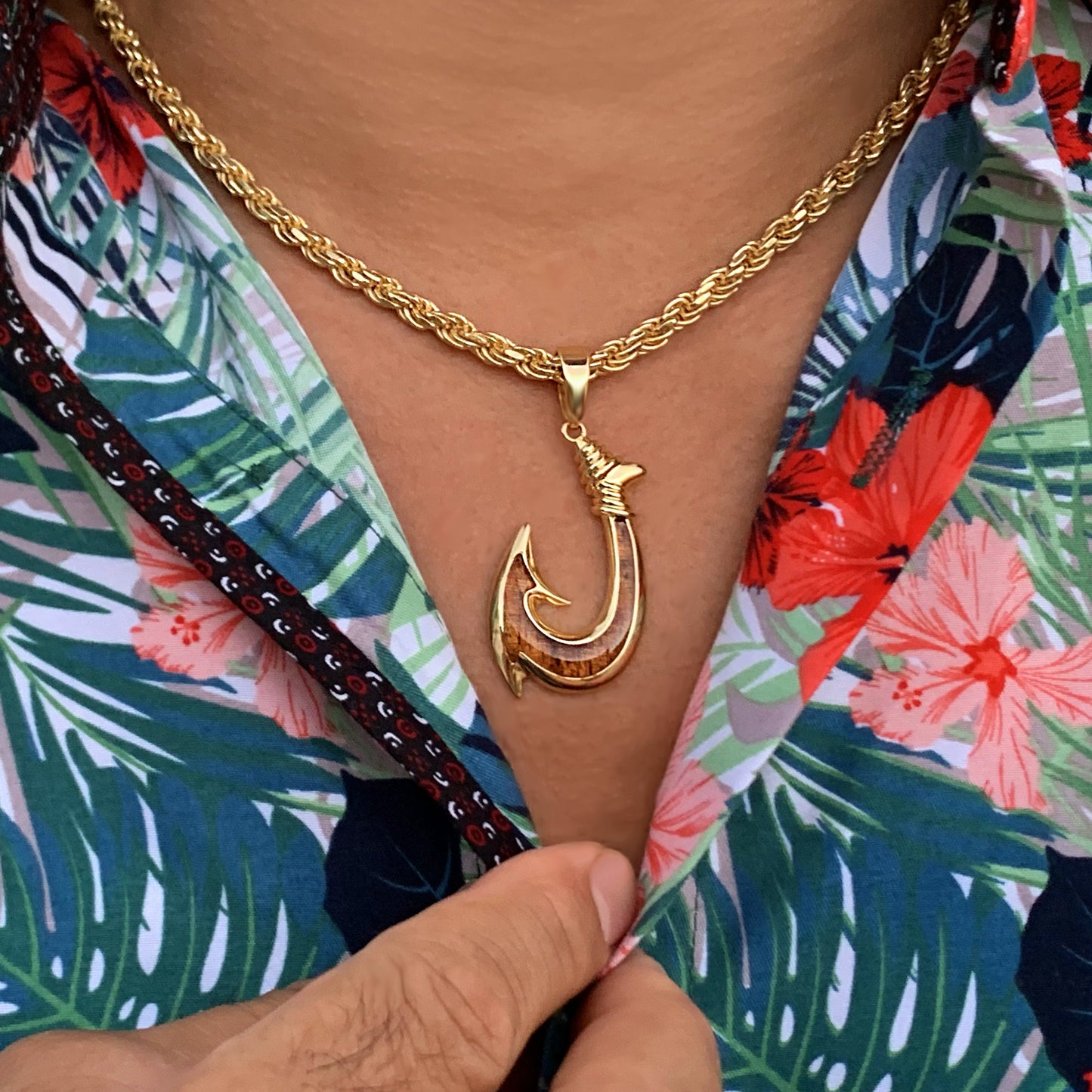 Koa Fish Hook with Diamond Cut Rope Chain on Model