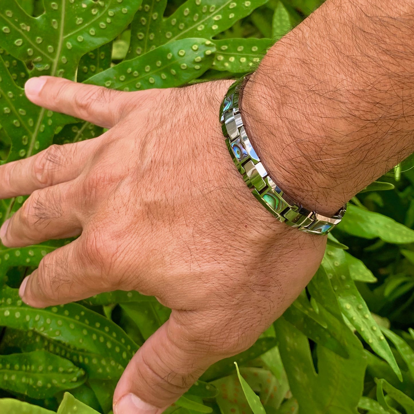 Abalone "Paua" Tungsten Link Bracelet Closeup on Model