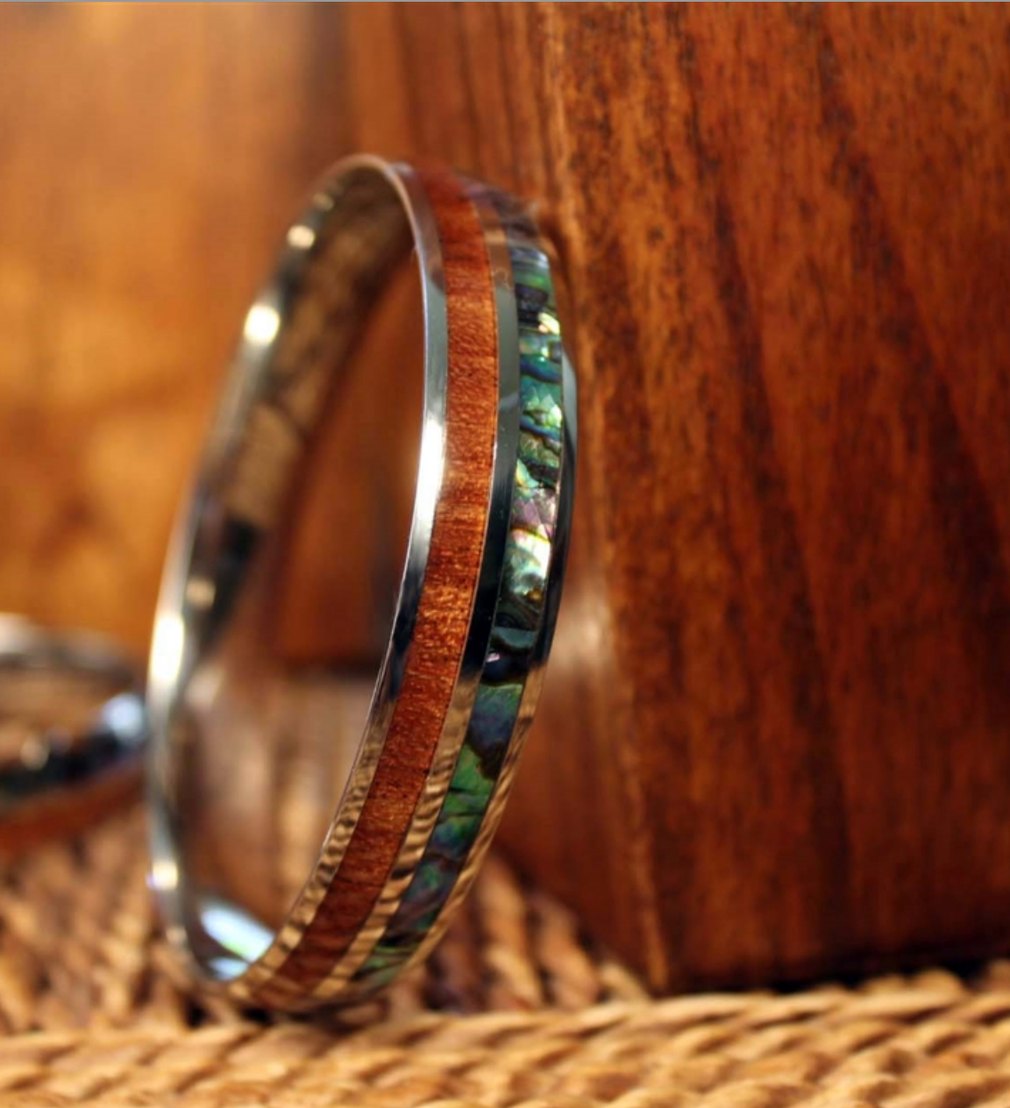 Koa Wood Abalone "Paua" Stainless Steel Bangle closeup