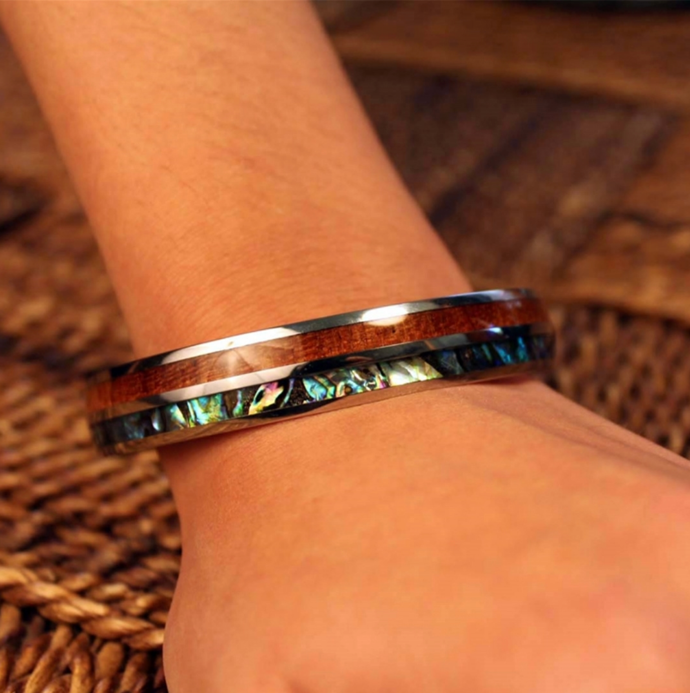 Koa Wood Abalone "Paua" Stainless Steel Bangle