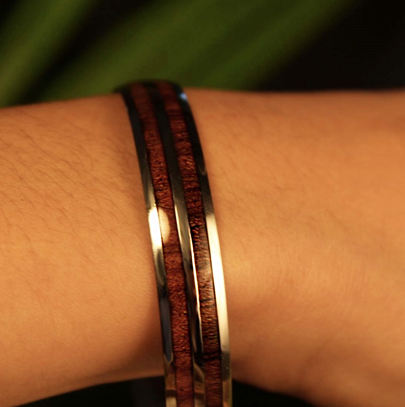 Double Koa Bangle closeup on model