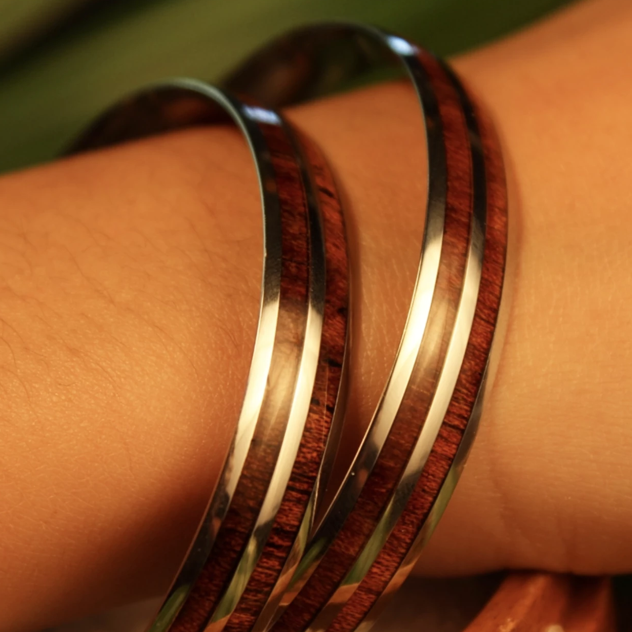 Double Koa Bangle closeup of two bangles on model