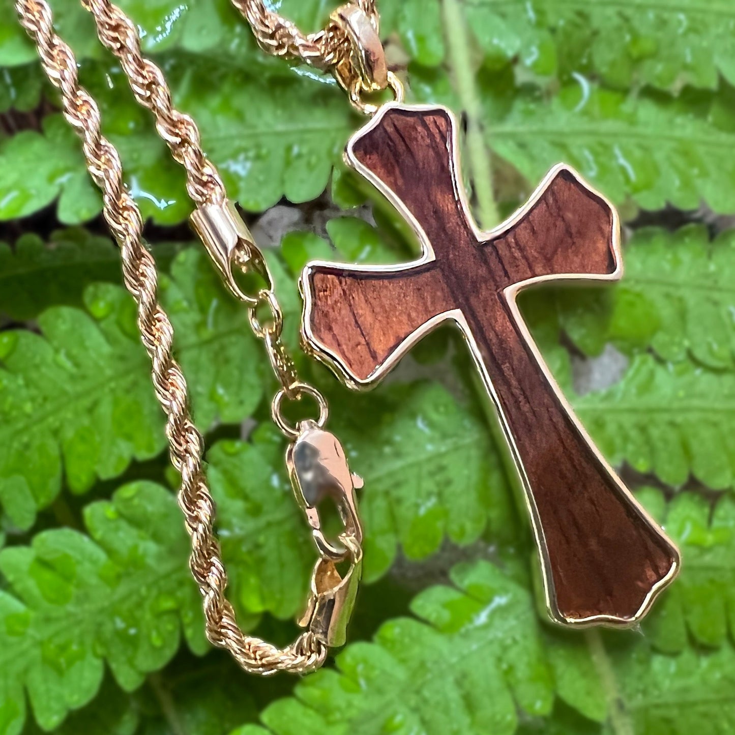 Laau “Wood” Gold Plated Reversible Cross with 24” Gold Filled Rope Chain