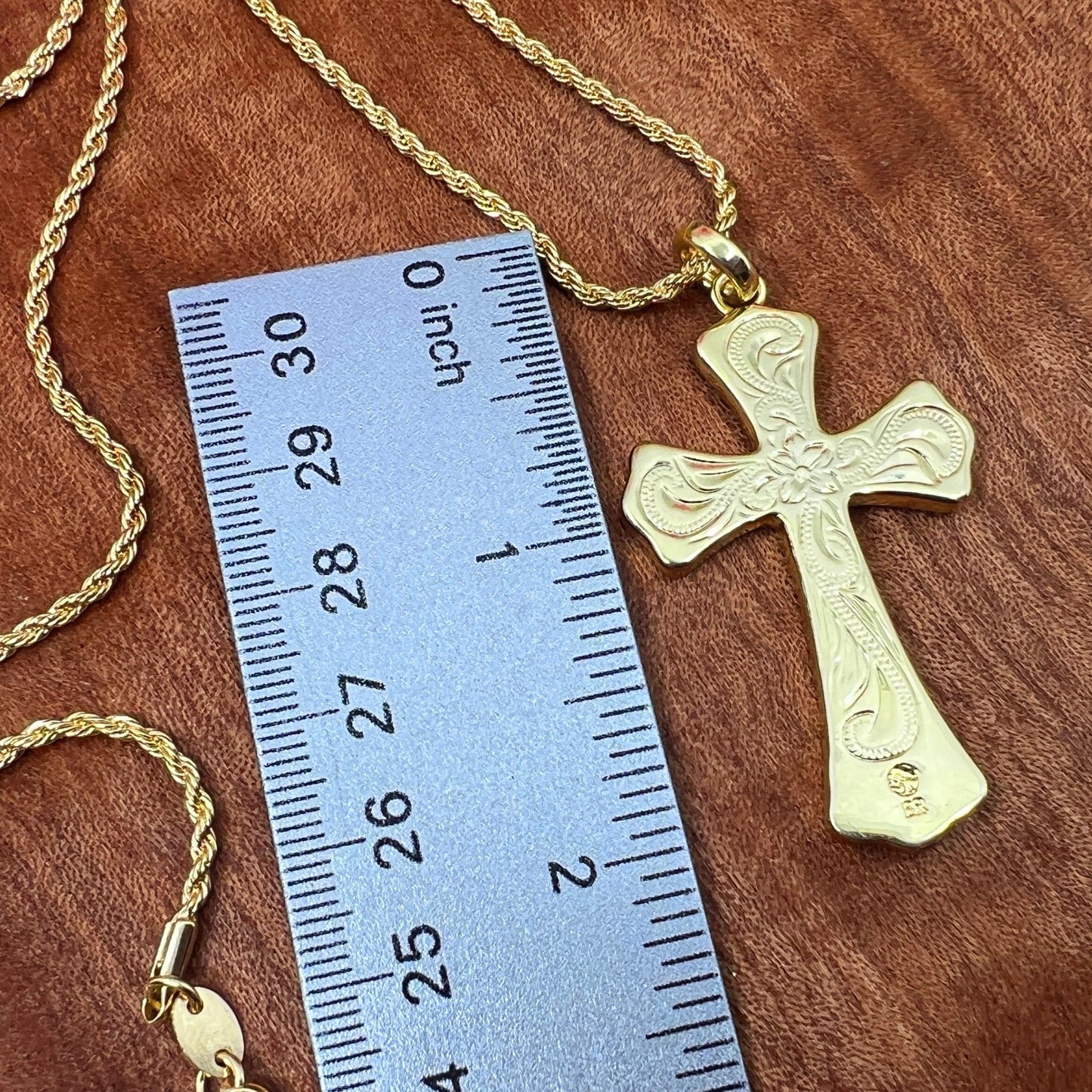 Laau “Wood” Gold Plated Reversible Cross with 24” Gold Filled Rope Chain