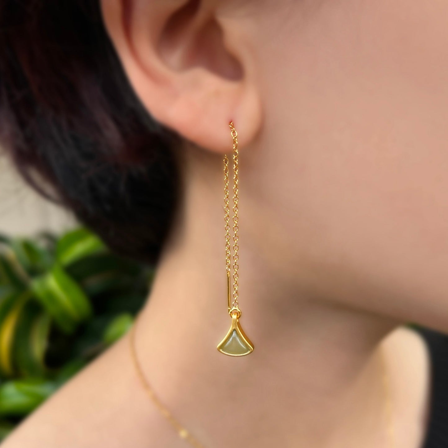 Lotus Leaf Jade Threader Earrings