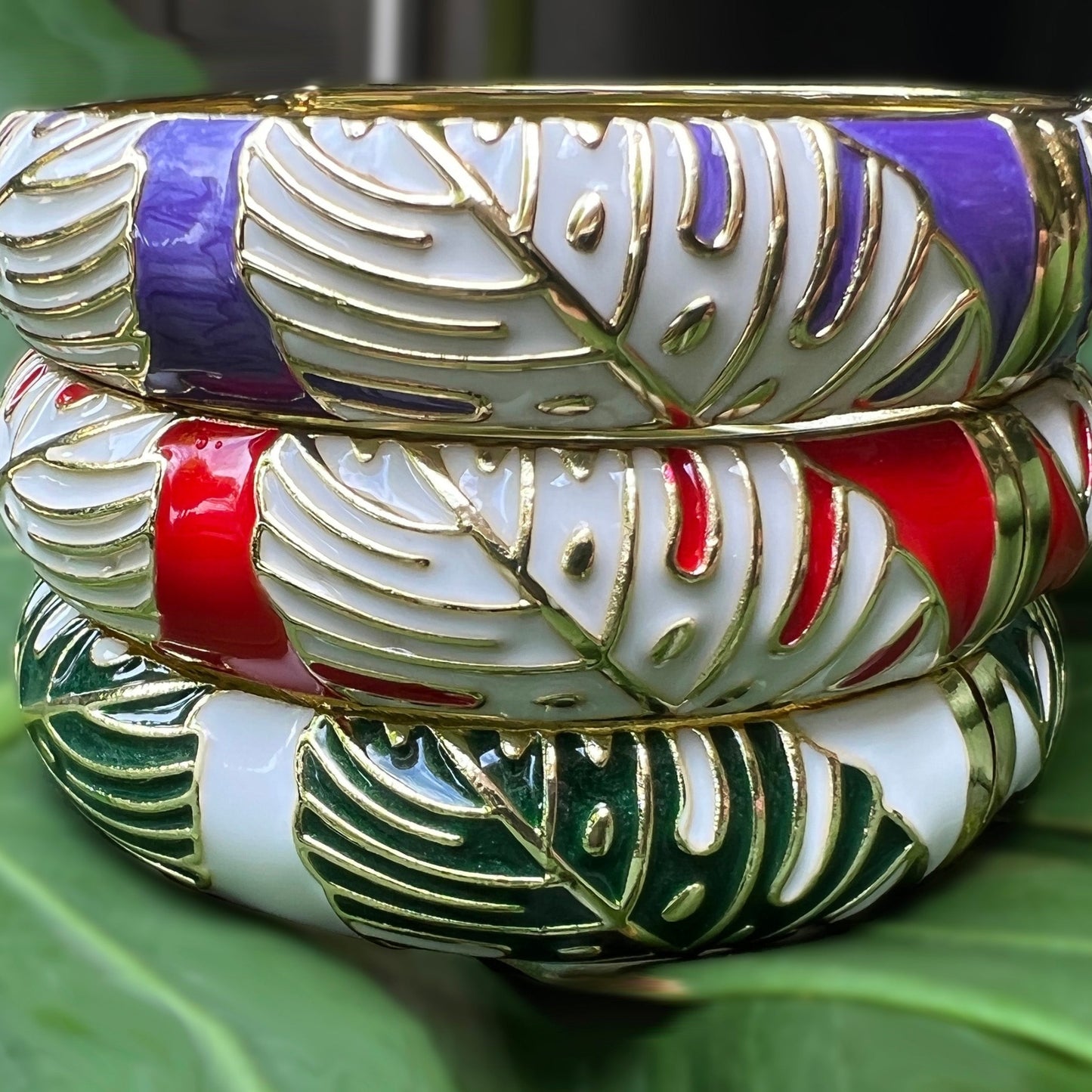 Maika`i Monstera Leaf Enameled Bangle Set of 3