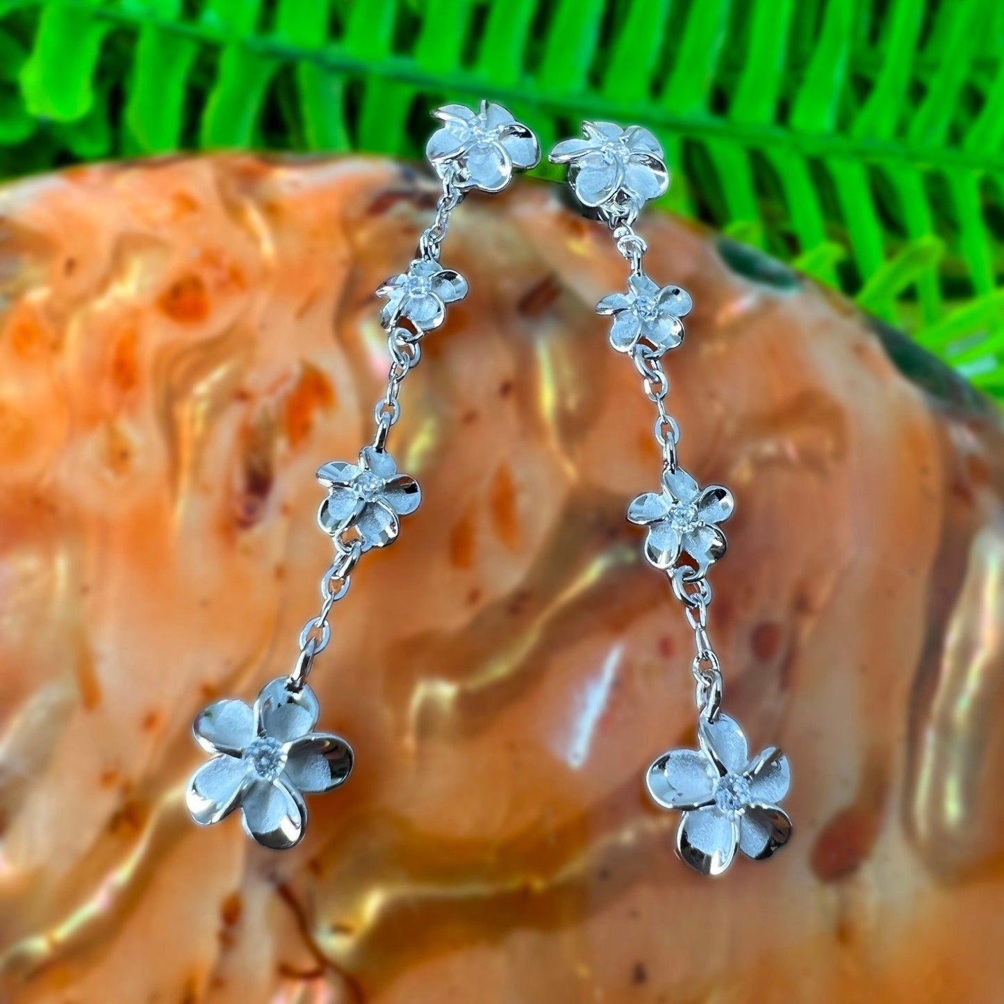 Four Plumeria CZ Waterfall Dangle Earrings