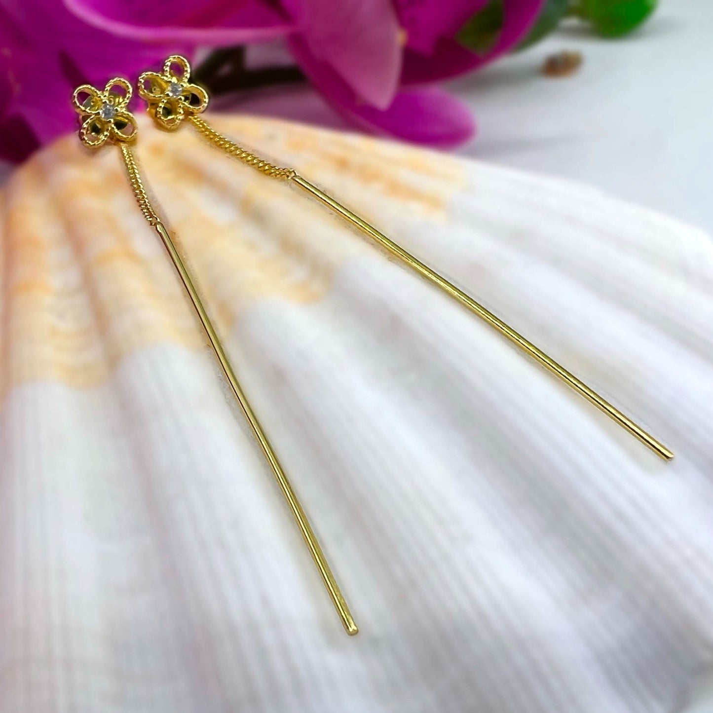 Golden Bar CZ Flower Earrings