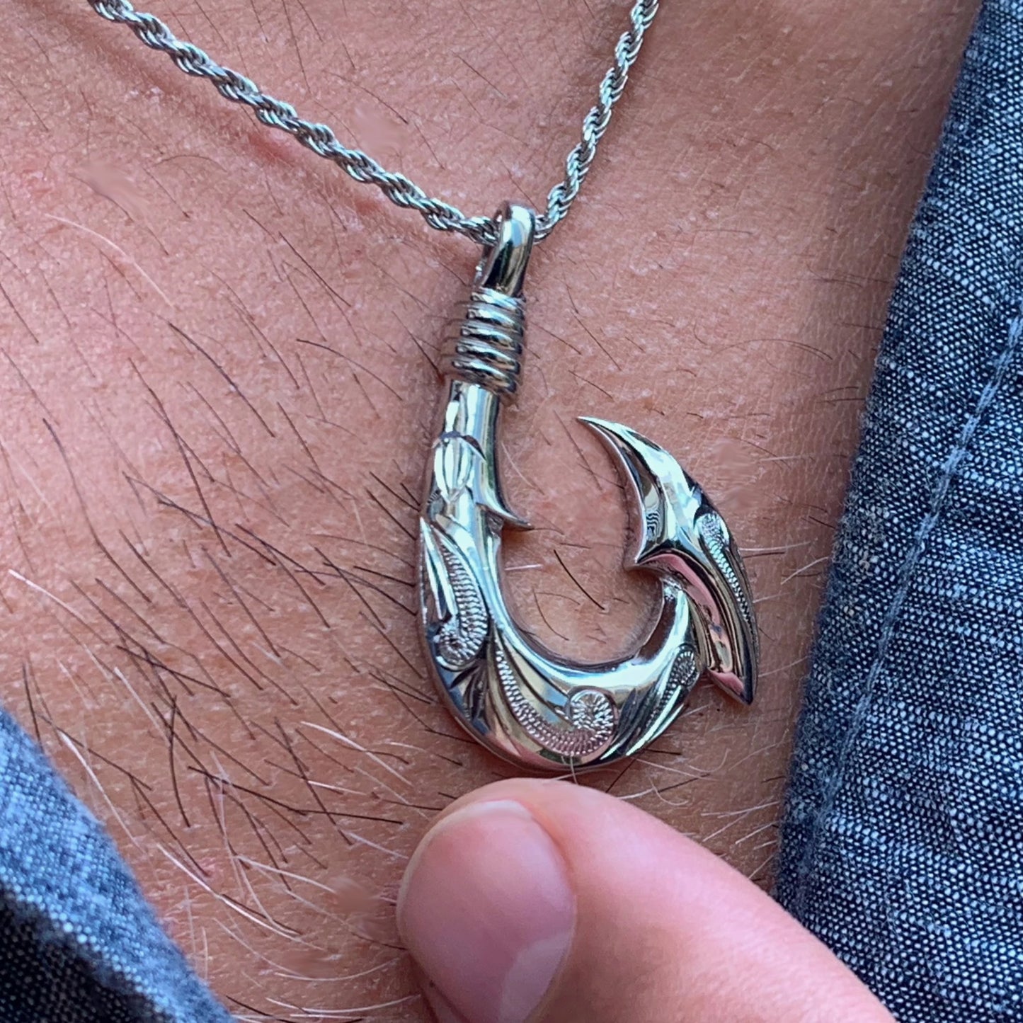 Hawaiian Scroll Sterling Silver Fish Hook on Model