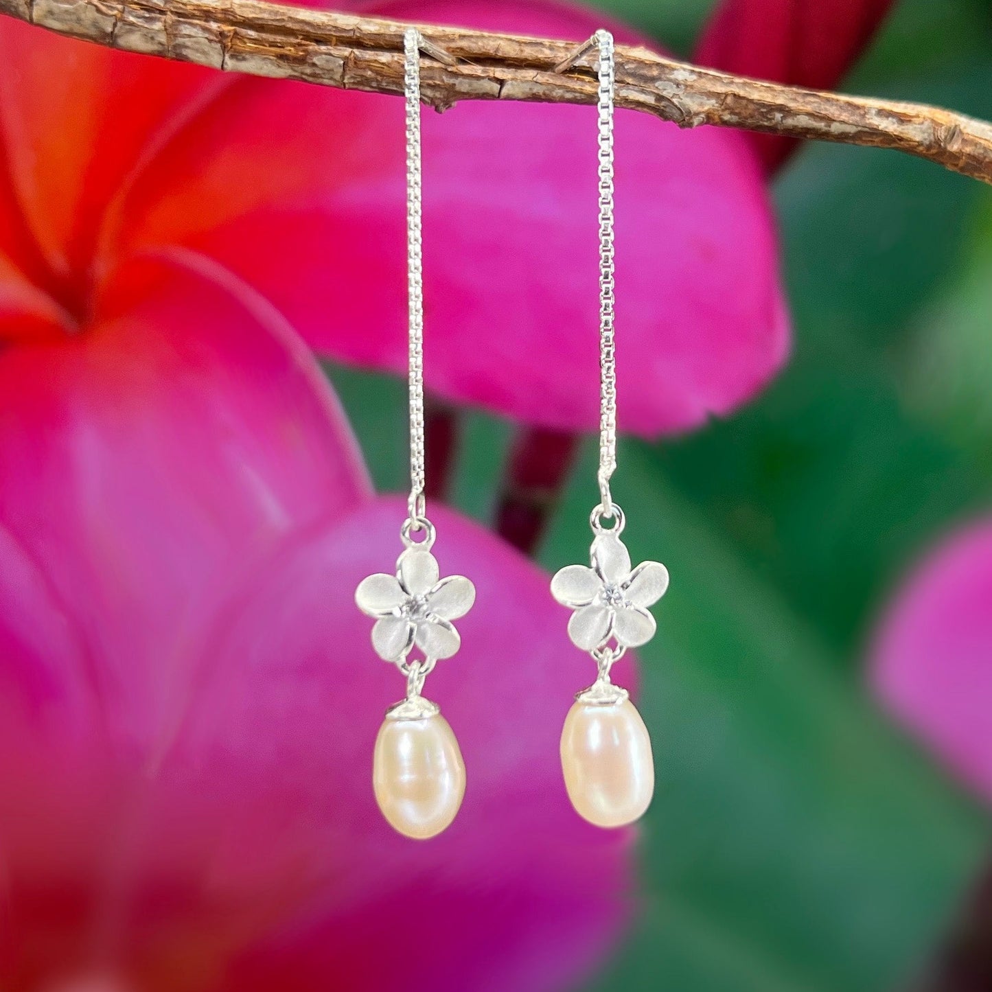 Plumeria Flower Pearl Drop Earrings