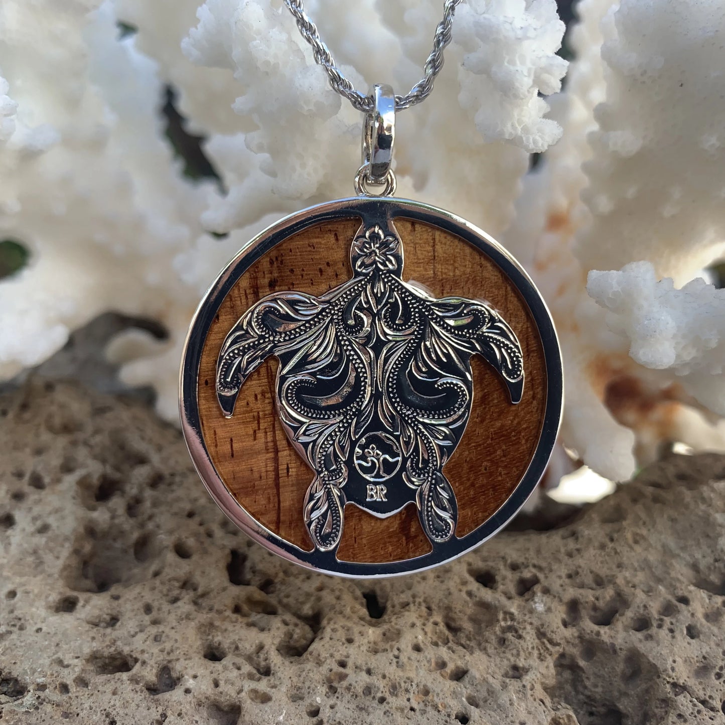 Koa Honu Circle Scroll Pendant