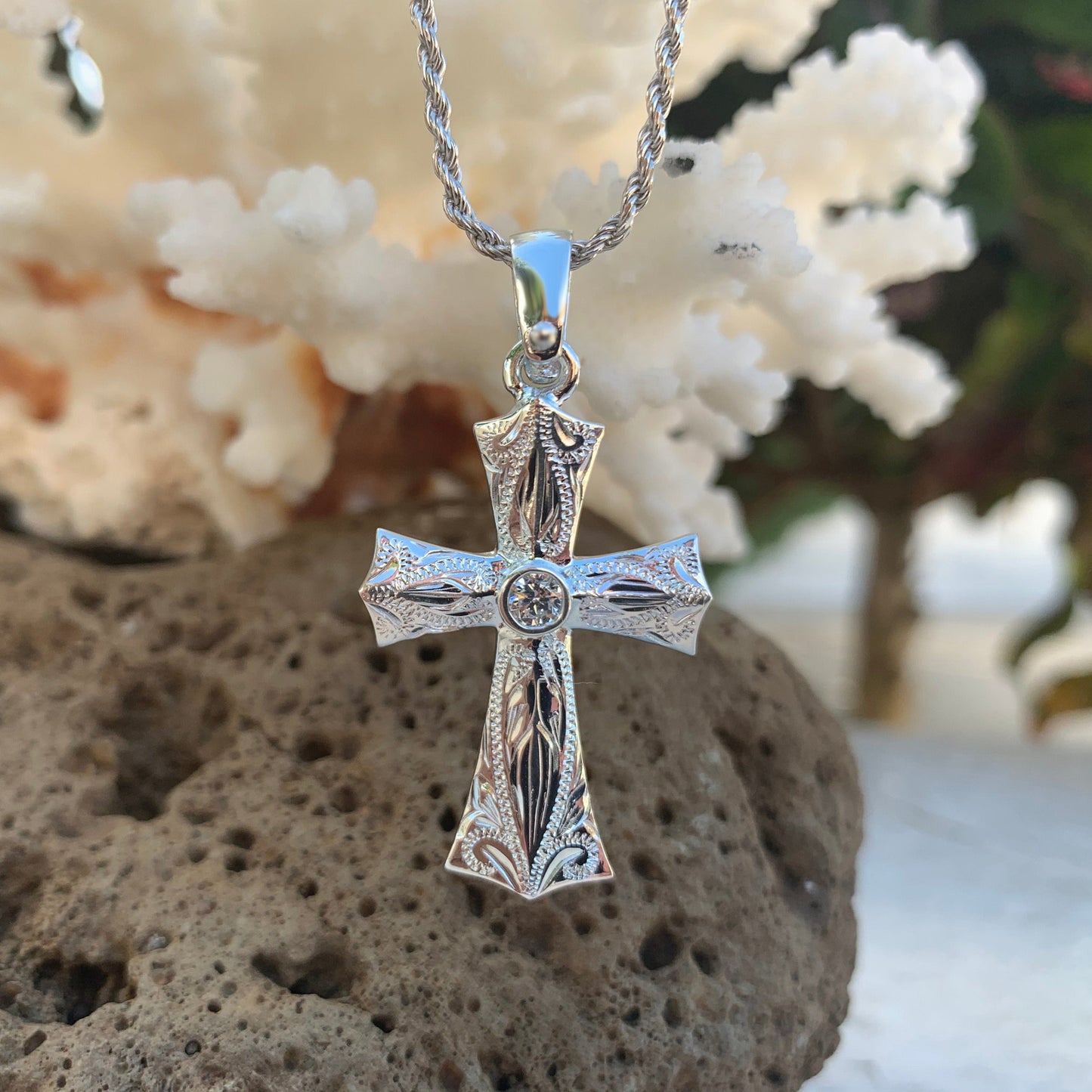 Flared CZ Hawaiian Scroll Cross