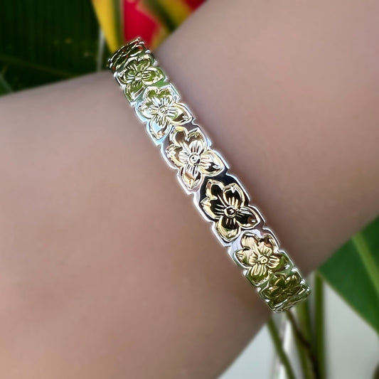 Plumeria Lei 8MM Bangle Bracelet Two Tone Design