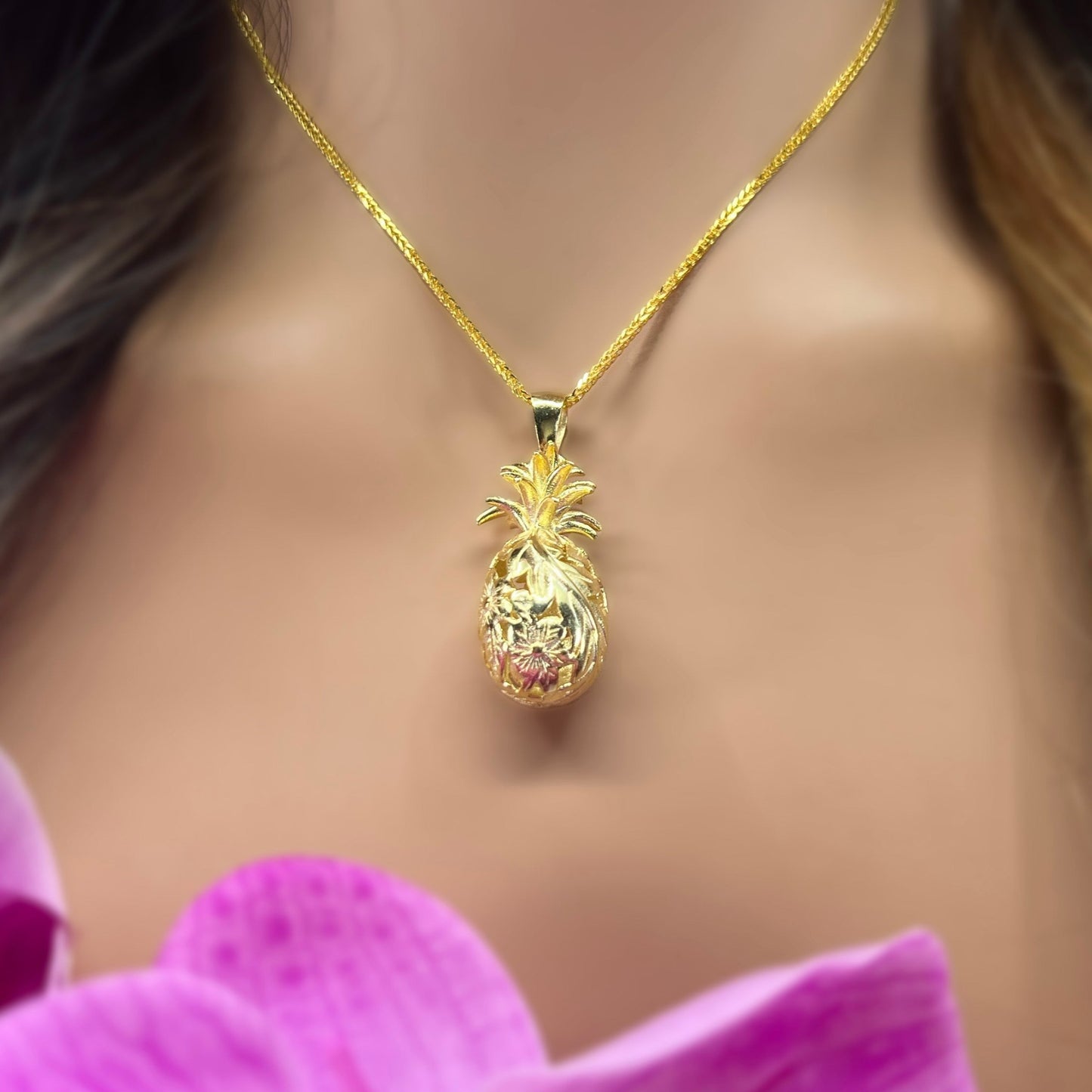 Golden Pineapple Pendant w/Chain