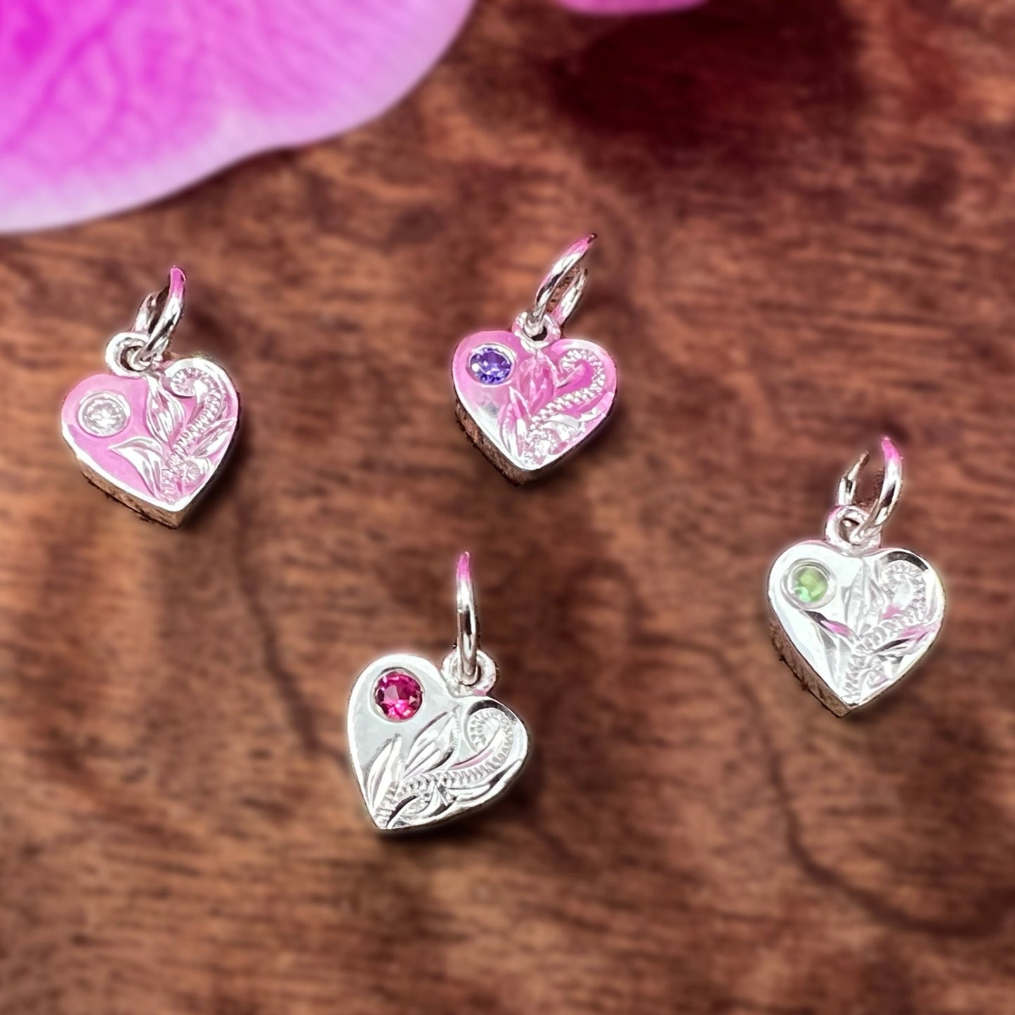 Hawaiian Scroll CZ Birthstone Hearts