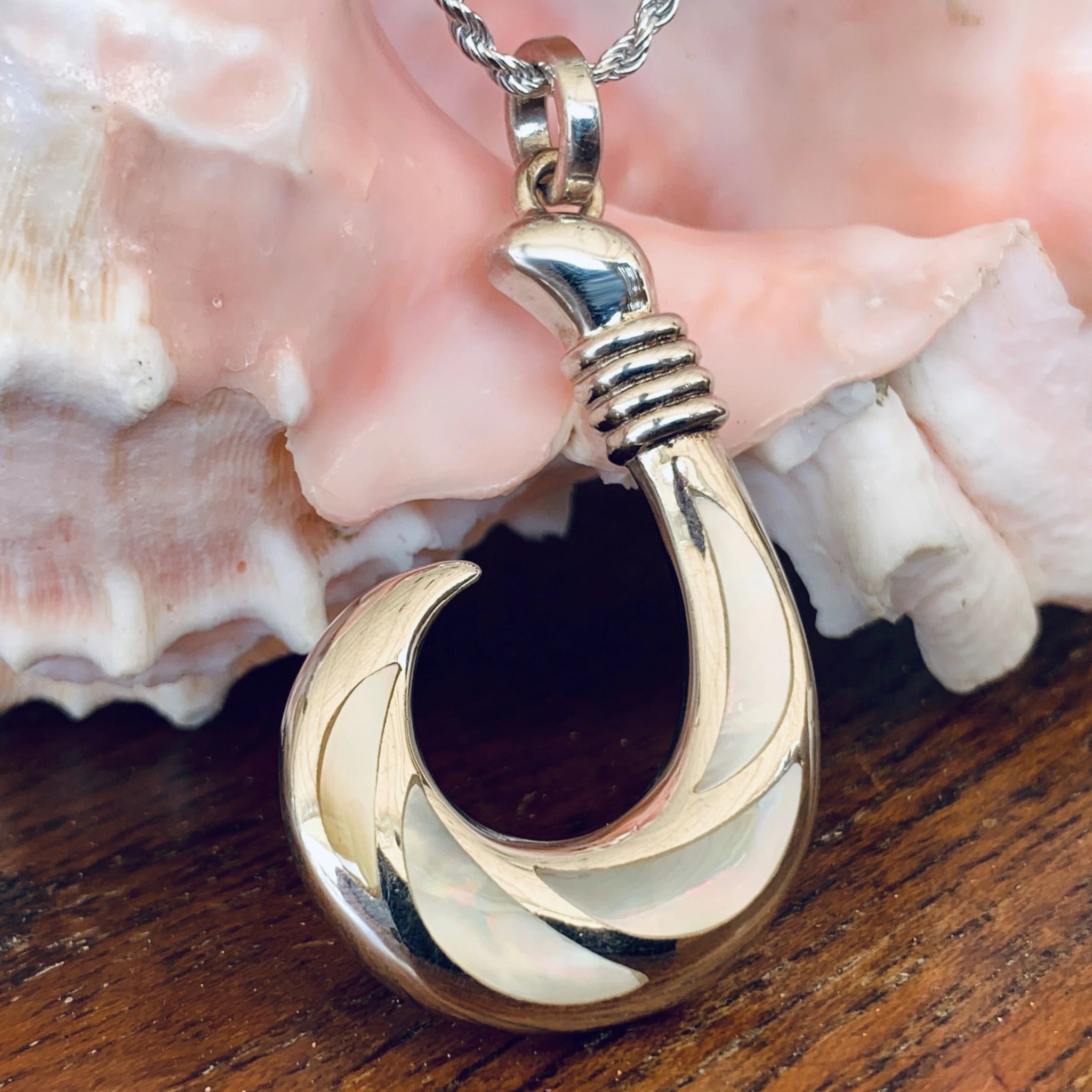 White Mother of Pearl Fish Hook Pendant