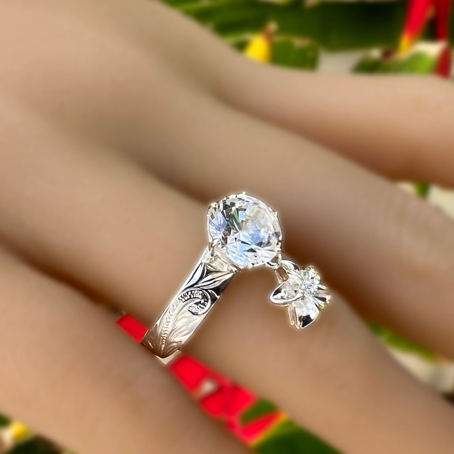 Hawaiian Scroll Dangle Plumeria CZ Ring