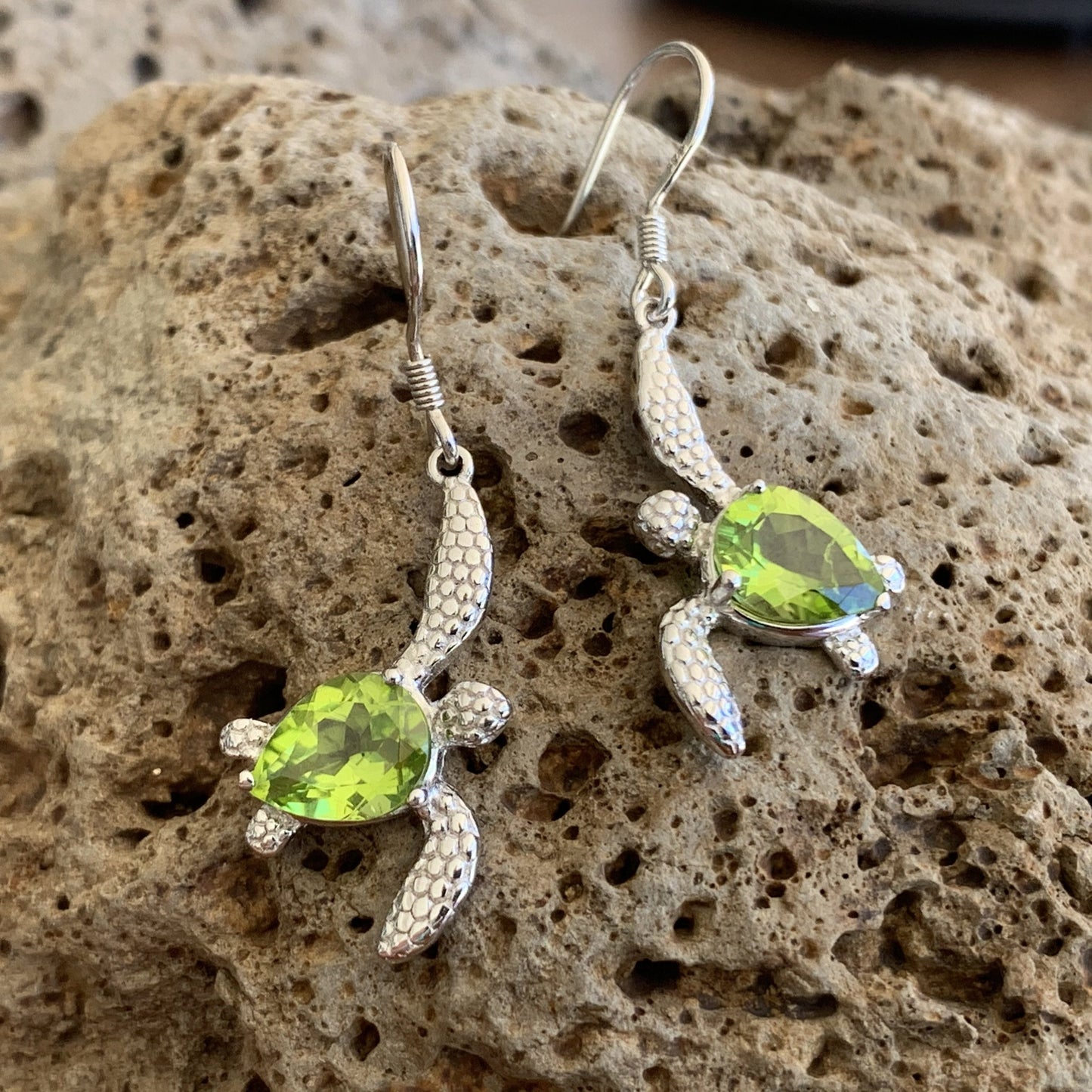 Sterling Silver Peridot Turtle Earrings.