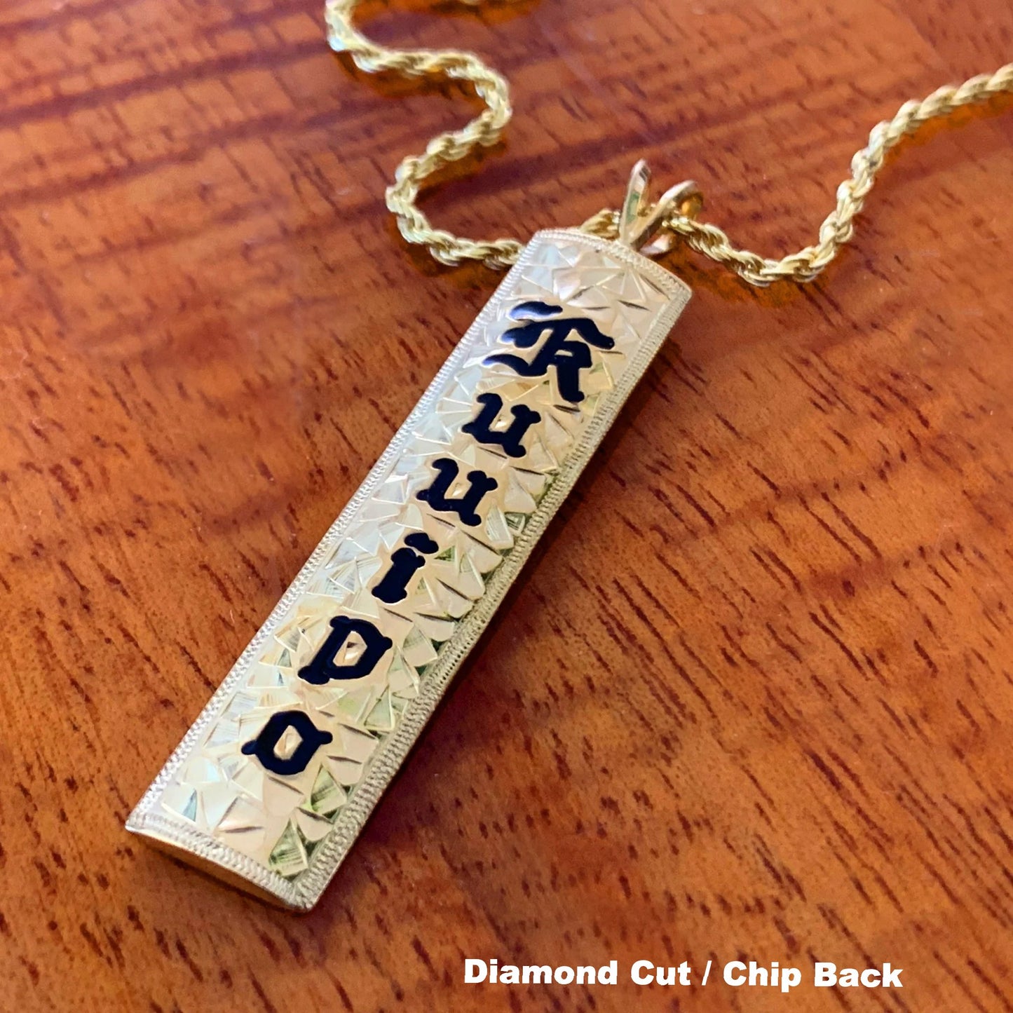 Custom Hawaiian Heirloom Style Vertical Bar Pendant Black Enamel Lettering Straight Edge