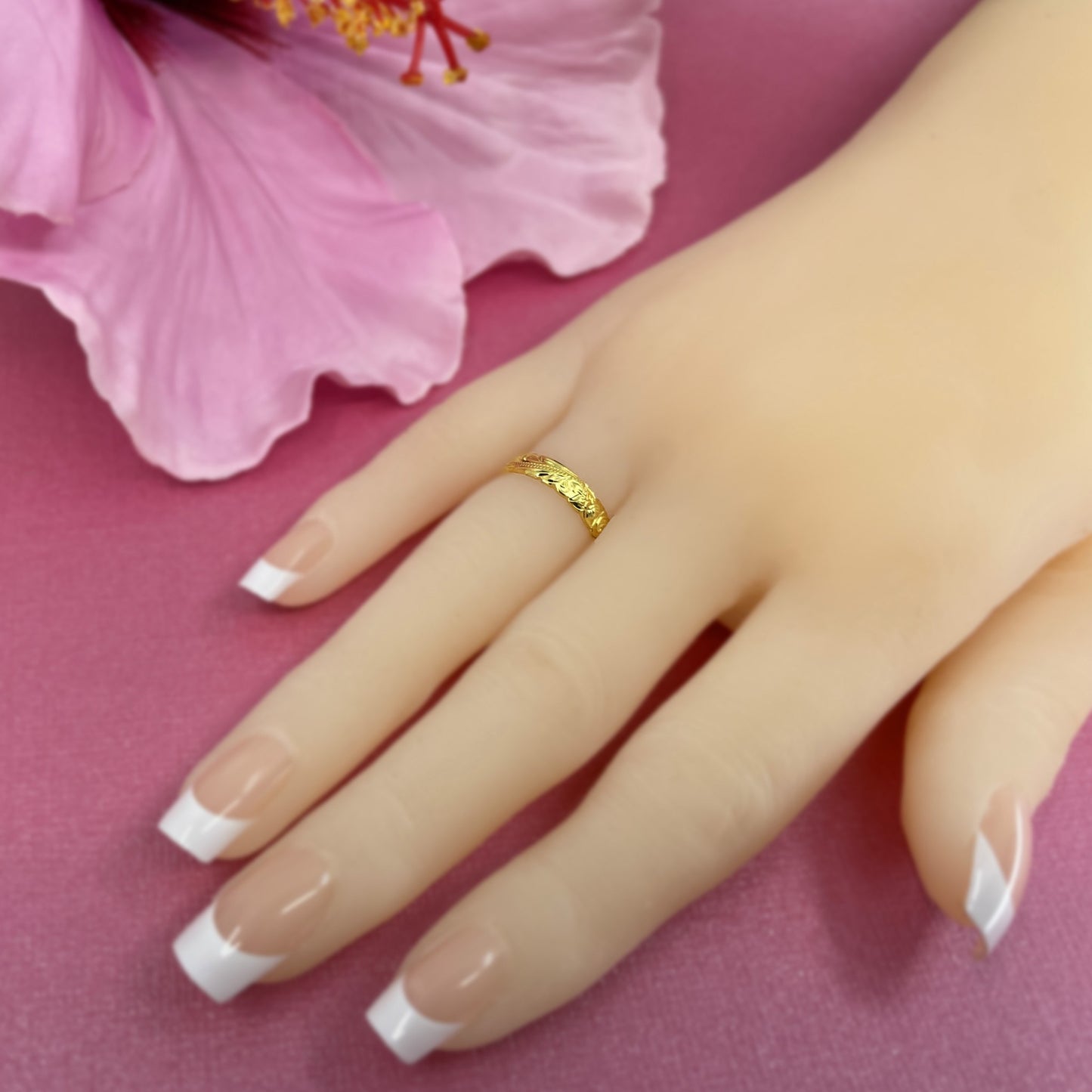 14K Gold Plated Hawaiian Scroll Ring on model