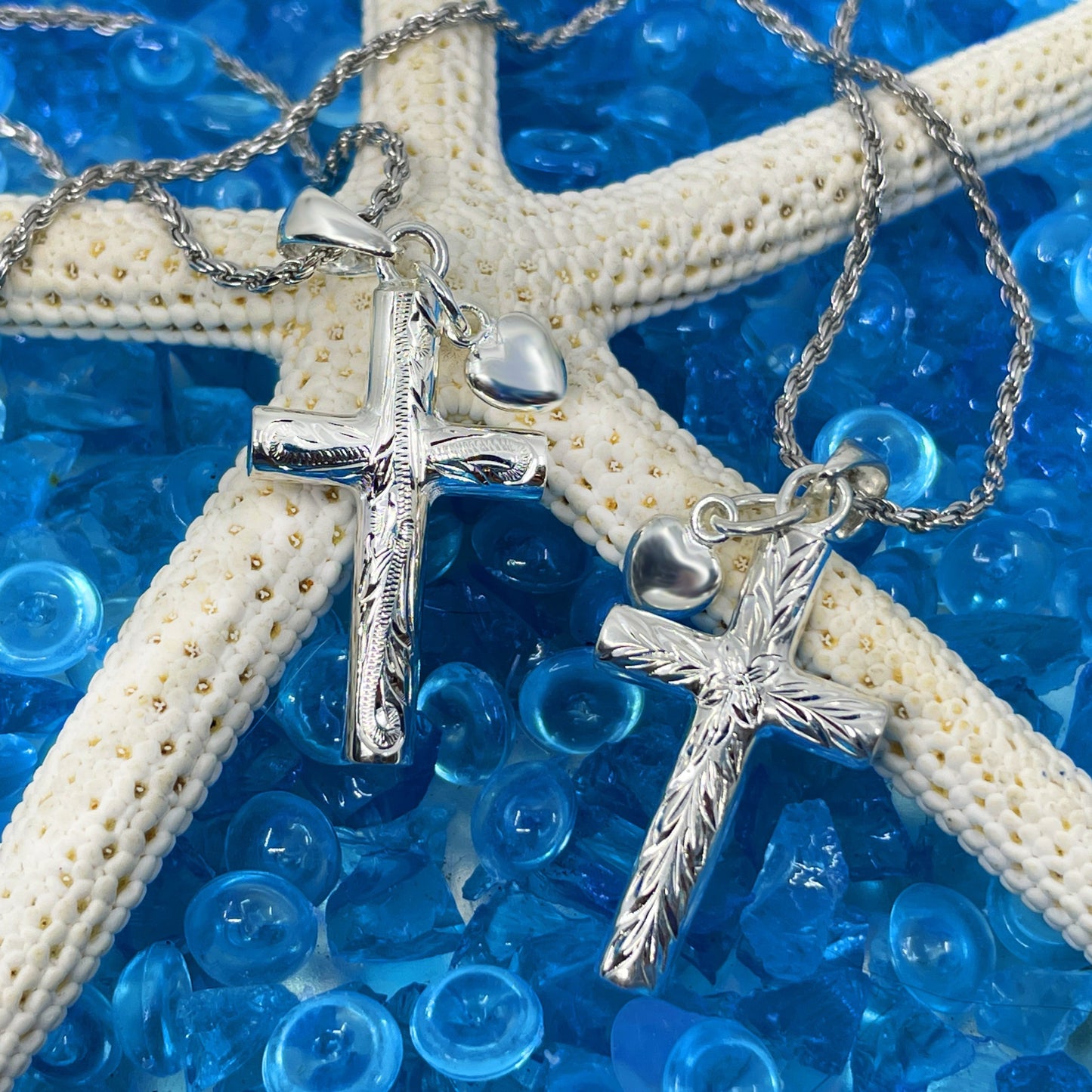 Hawaiian Scroll Cross w/ Heart Charm in Heritage Design and Maile Design