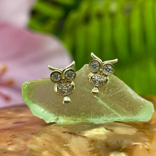 14K Gold Pueo Owl Cutout CZ Earrings