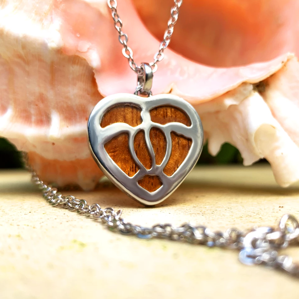 Koa Honu Heart with 18" Adjustable Chain closeup