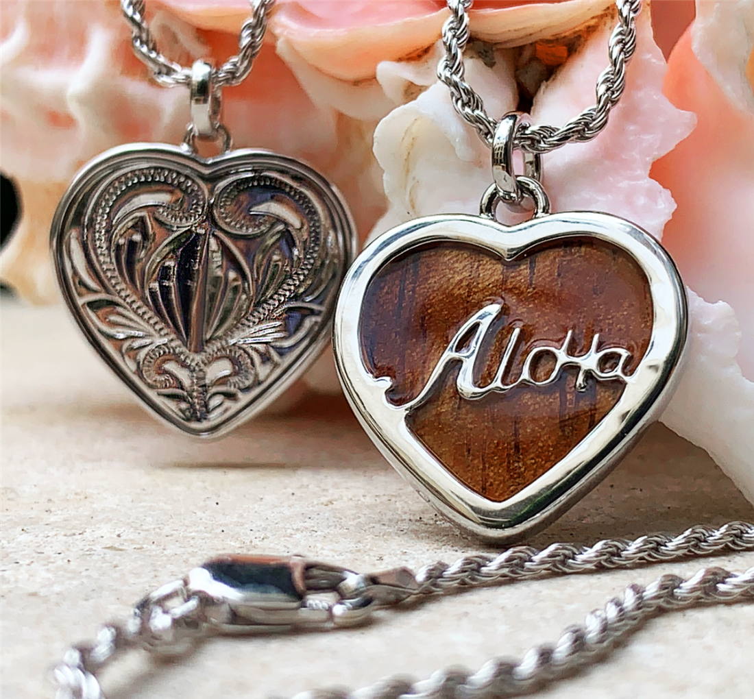 Koa Aloha Heart with 18" Adjustable Chain closeup front and back