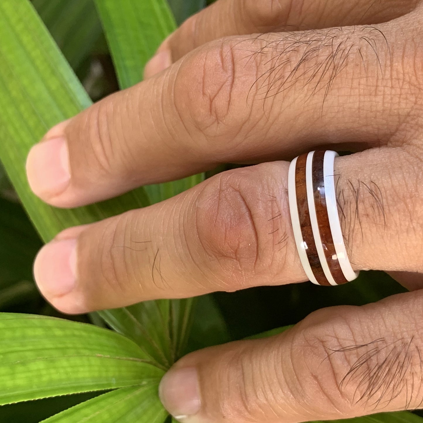 Koa Ceramic Ring Closeup on Model