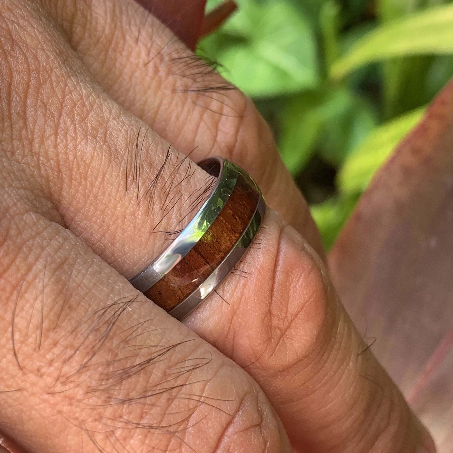 Koa Tungsten Ring closeup on model