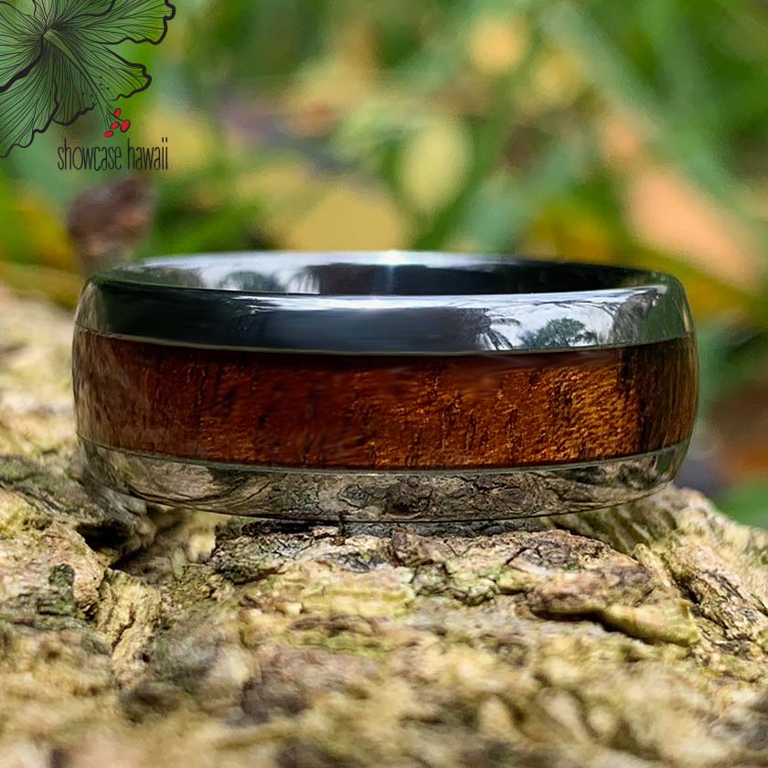 Koa Tungsten Ring closeup