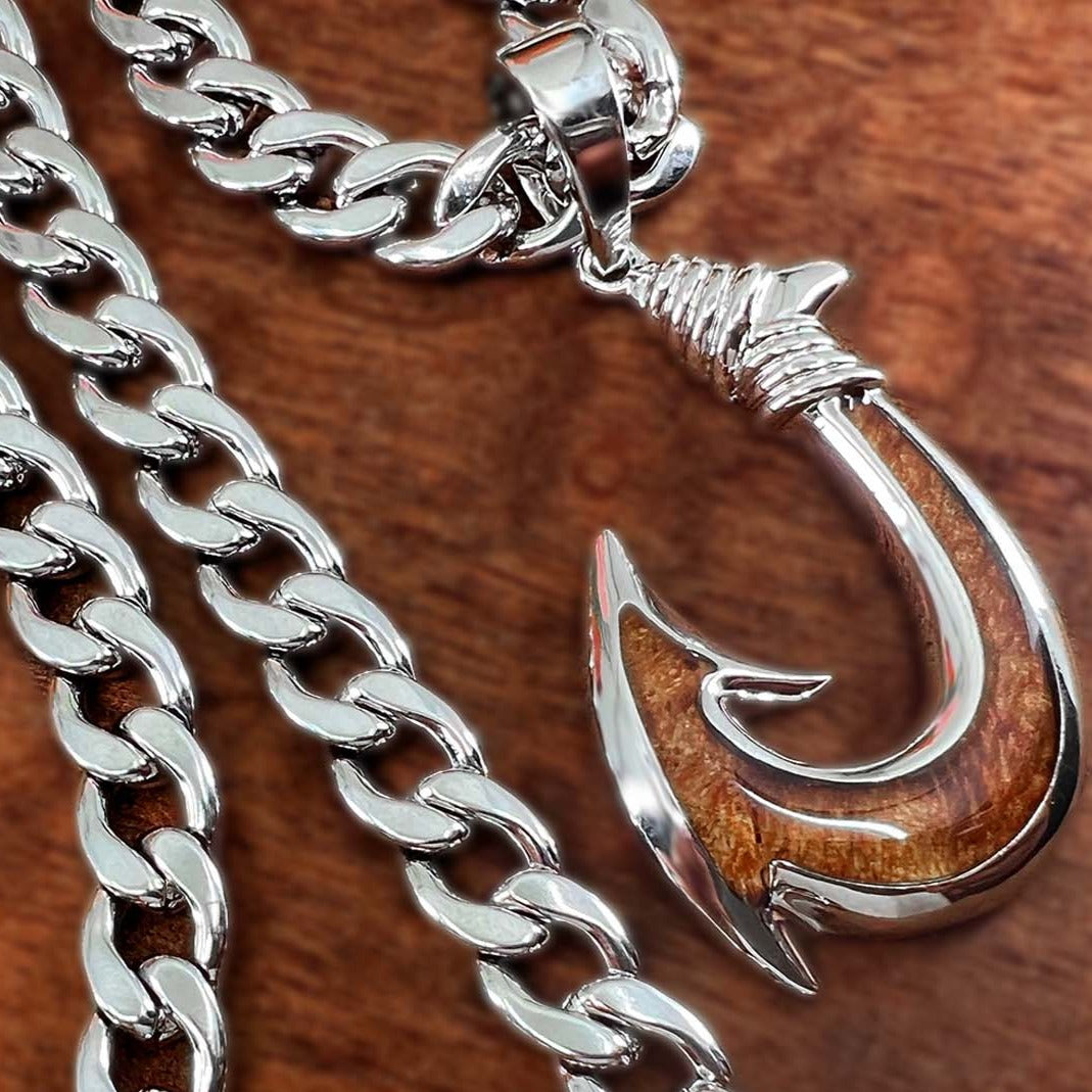 Laau “Wood” Silver Plated Fish Hook with Stainless Steel Curb Link or Figaro Chain Figaro (Large Link/3 Small Links) / 24 inch Chain
