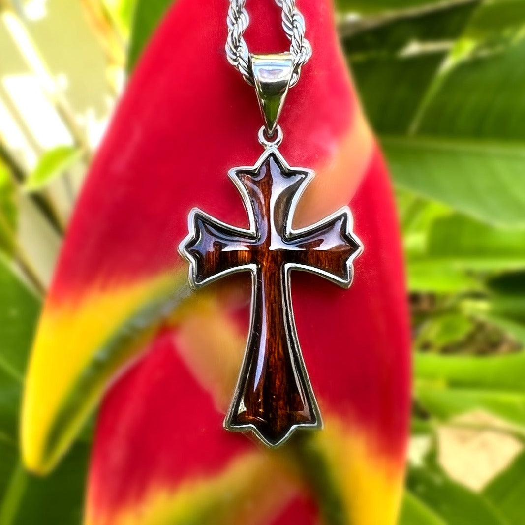Men's Stainless Steel Wood Pendant Necklace Silver Gold Tone Cross - with 24 inch Chain