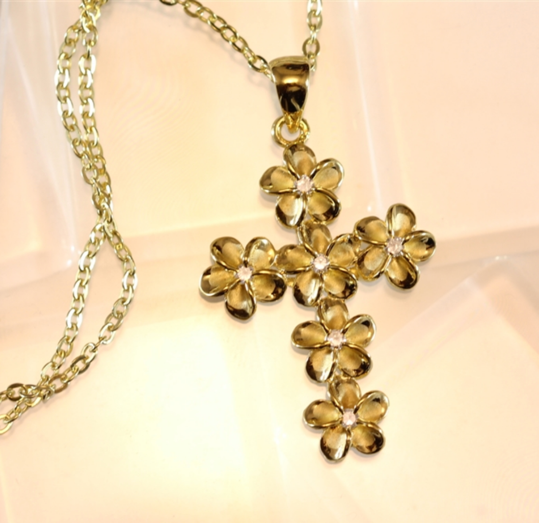 Plumeria Cubic Zirconia Cross Closeup Gold
