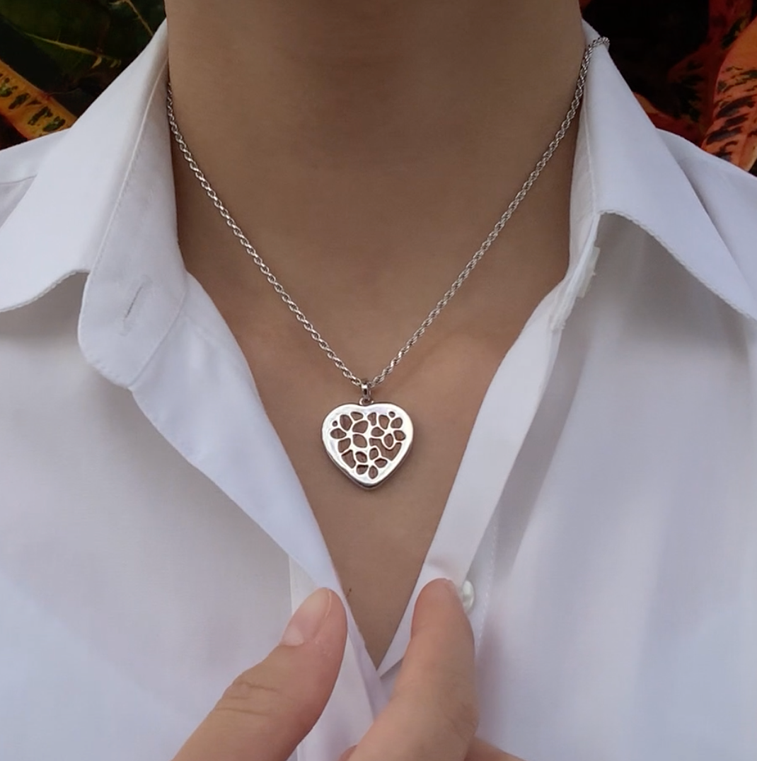 Koa Heart Pendant with Plumerias on Model